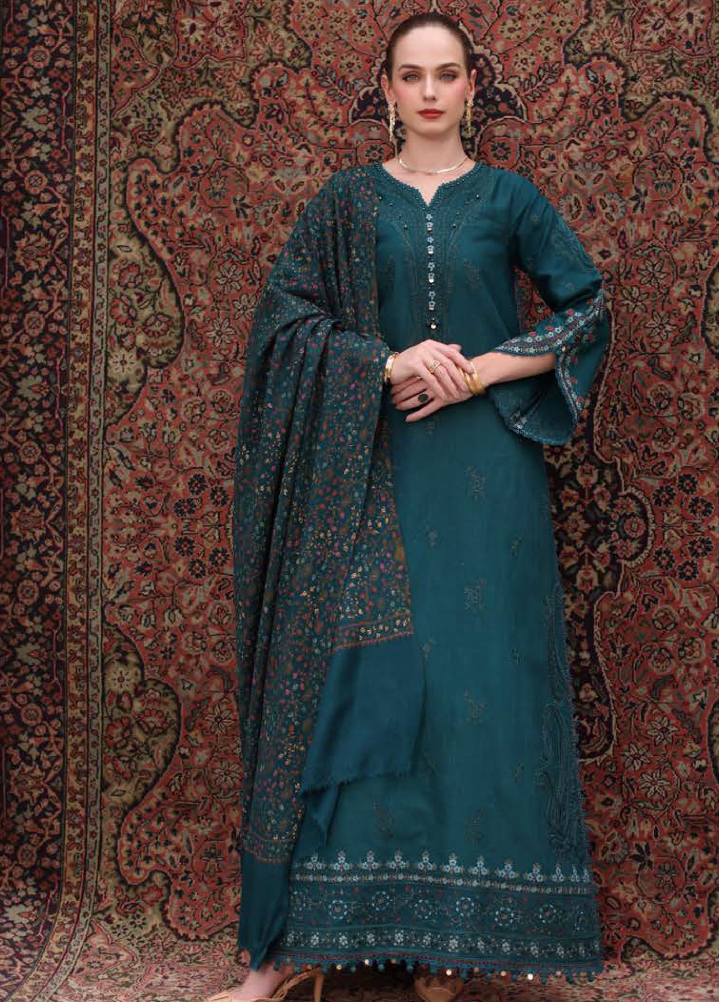 Noor by Saadia Asad Unstitched Khaddar Pashmina Shawl Embroidered Suits 3 Piece NSA25PW D11-Teal Empress - Casual Collection