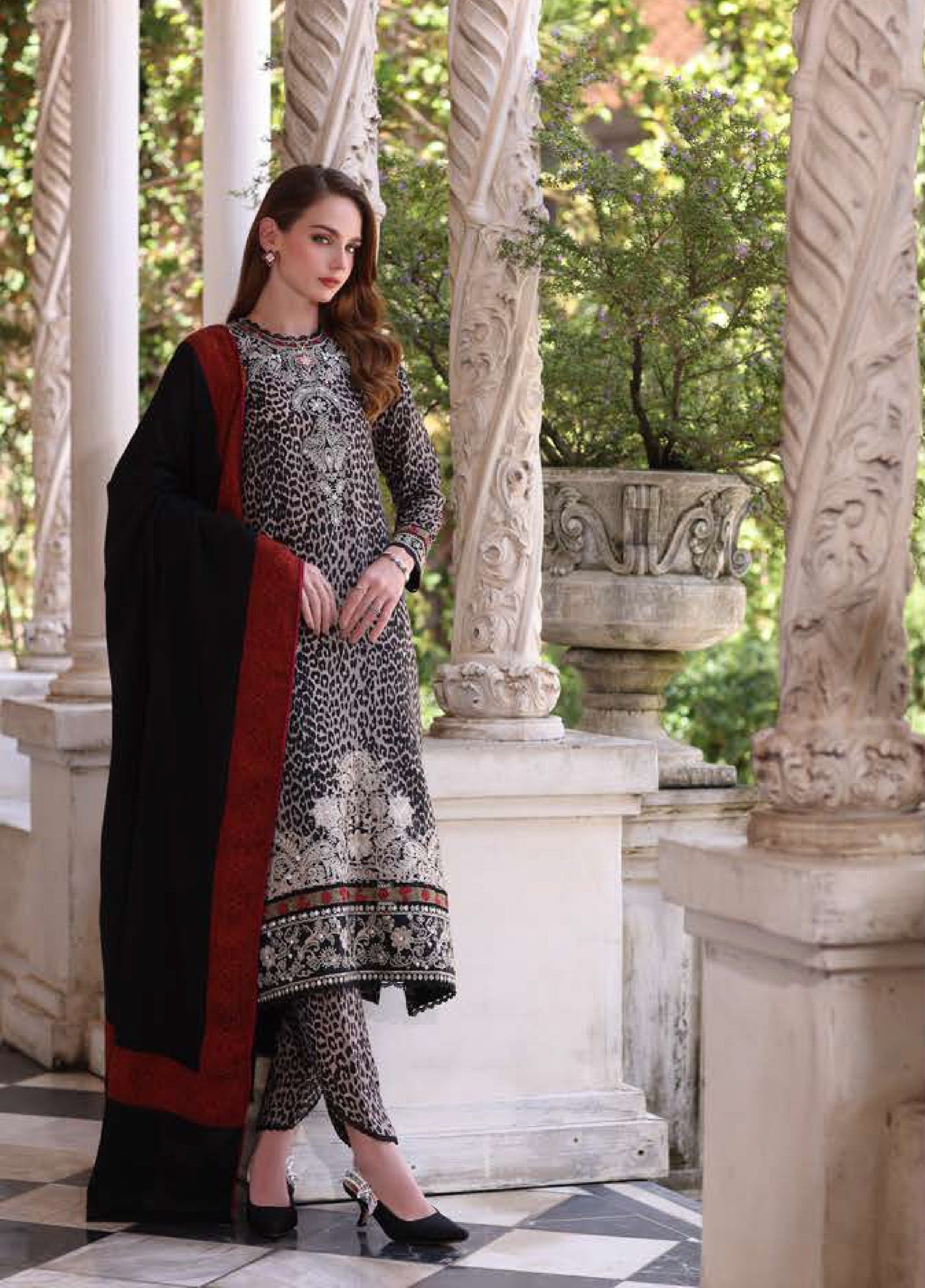 Noor by Saadia Asad Unstitched Khaddar Pashmina Shawl Embroidered Suits 3 Piece NSA25PW D1-Noir Safari - Casual Collection