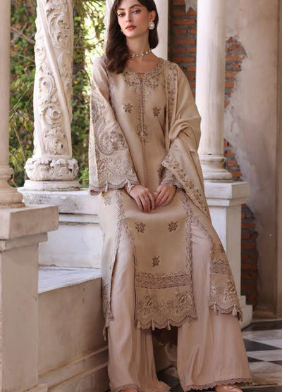 Noor by Saadia Asad Unstitched Linen Pashmina Shawl Embroidered Suits 3 Piece NSA25PW D12-Caramel Mist - Casual Collection