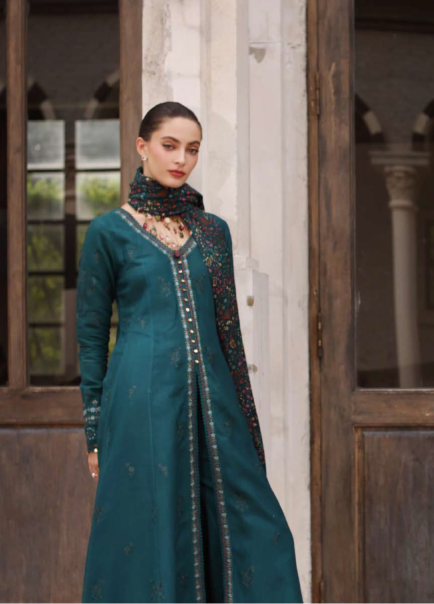 Noor by Saadia Asad Unstitched Khaddar Pashmina Shawl Embroidered Suits 3 Piece NSA25PW D11-Teal Empress - Casual Collection