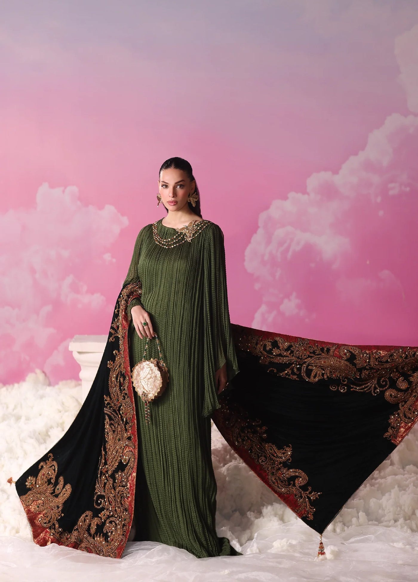 Mount Olypus by Musferah Saad Pret Embroidered Chiffon Kaftaan Emerald Eclat - Pret Collection