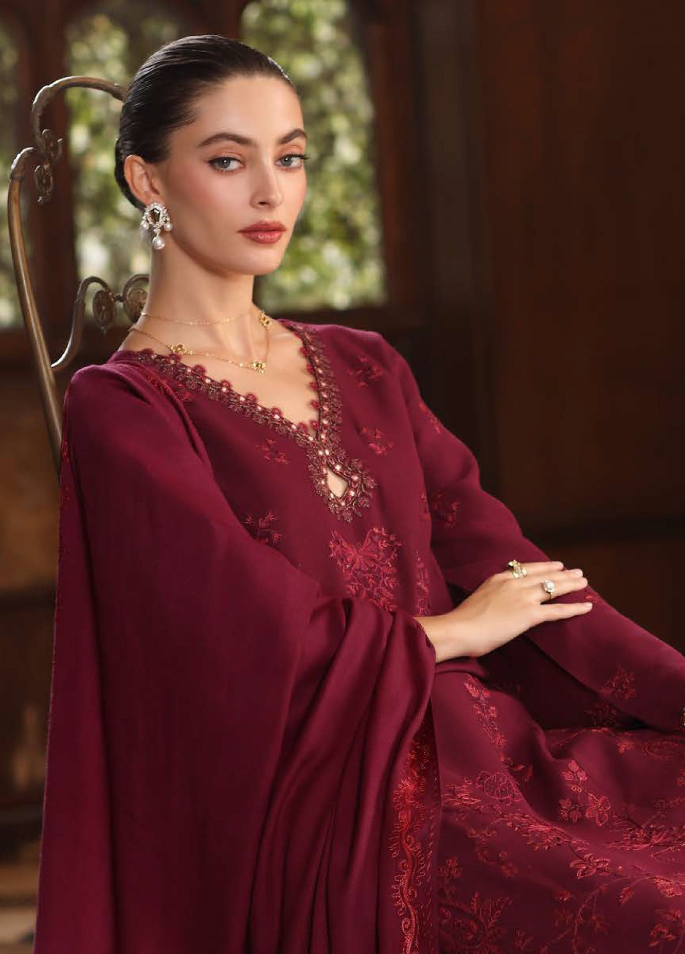Noor by Saadia Asad Unstitched Linen Pashmina Shawl Embroidered Suits 3 Piece NSA25PW D13-Royal Claret - Casual Collection