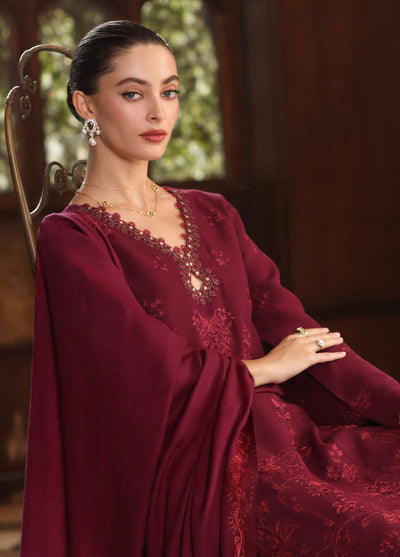 Noor by Saadia Asad Unstitched Linen Pashmina Shawl Embroidered Suits 3 Piece NSA25PW D13-Royal Claret - Casual Collection