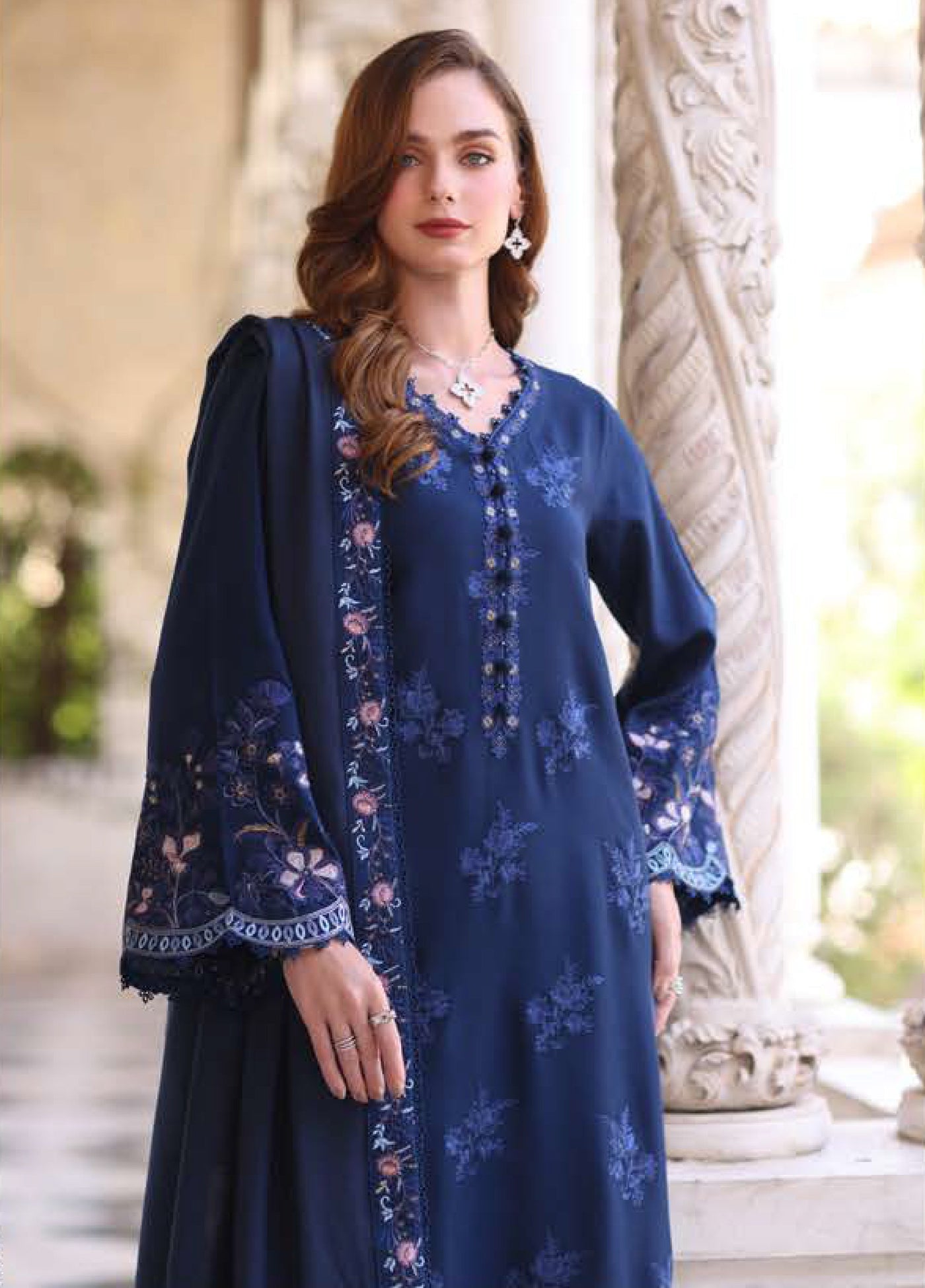 Noor by Saadia Asad Unstitched Linen Pashmina Shawl Embroidered Suits 3 Piece NSA25PW D4-Sapphire - Casual Collection