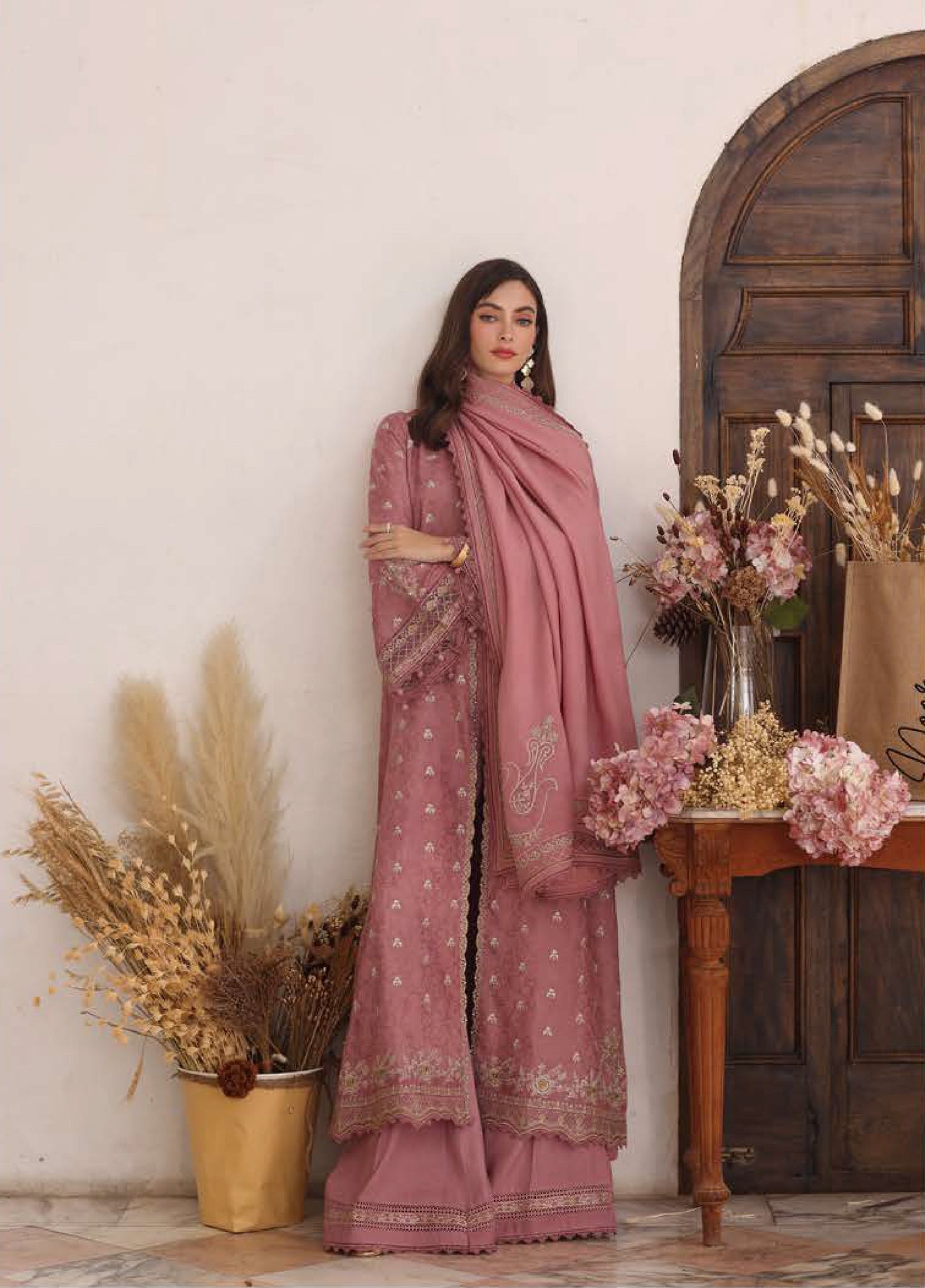 Noor by Saadia Asad Unstitched Jacquard Pashmina Shawl Embroidered Suits 3 Piece NSA25PW D3-Aveline - Casual Collection
