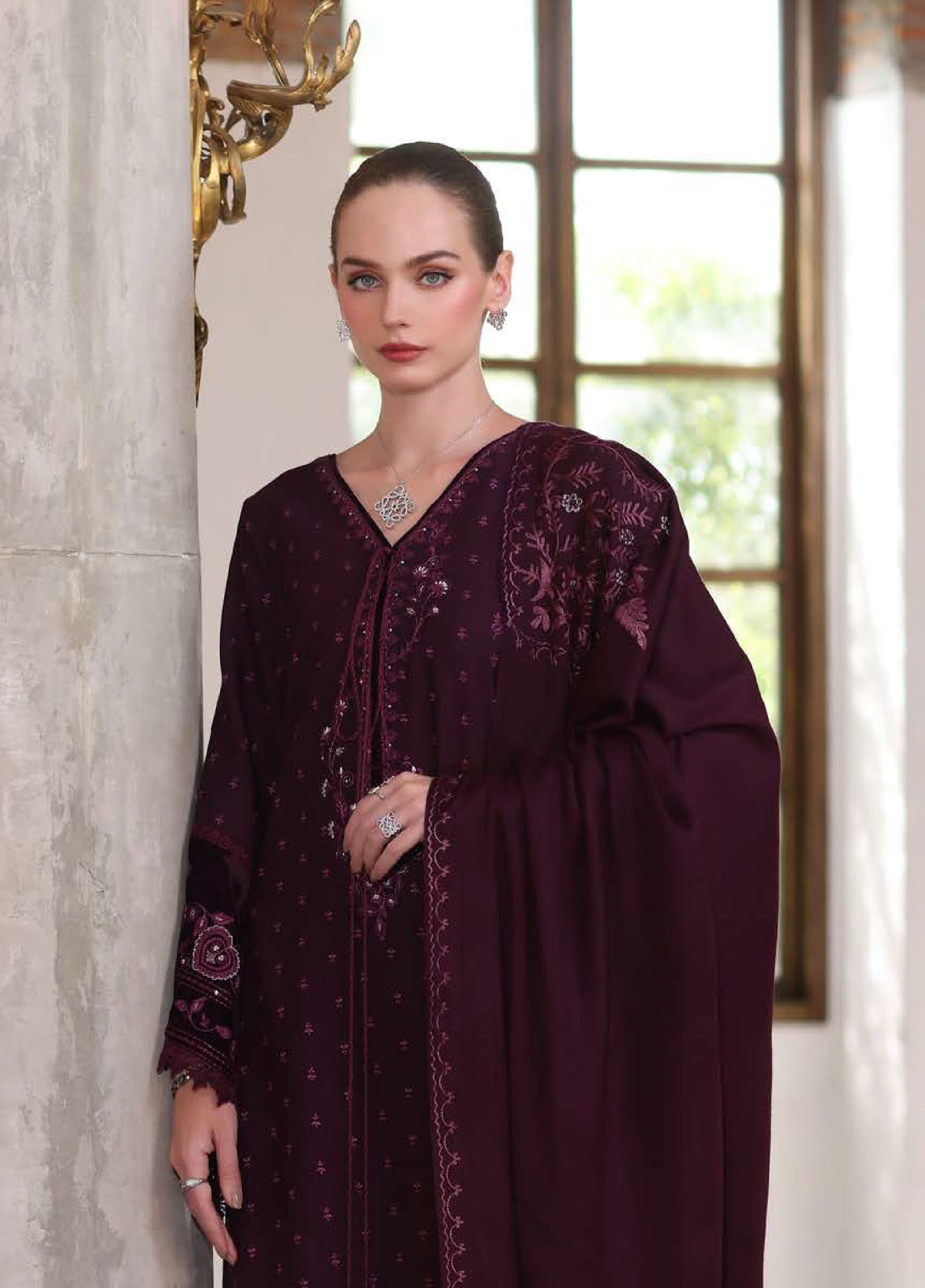 Noor by Saadia Asad Unstitched Khaddar Pashmina Shawl Embroidered Suits 3 Piece NSA25PW D9-Damson - Casual Collection