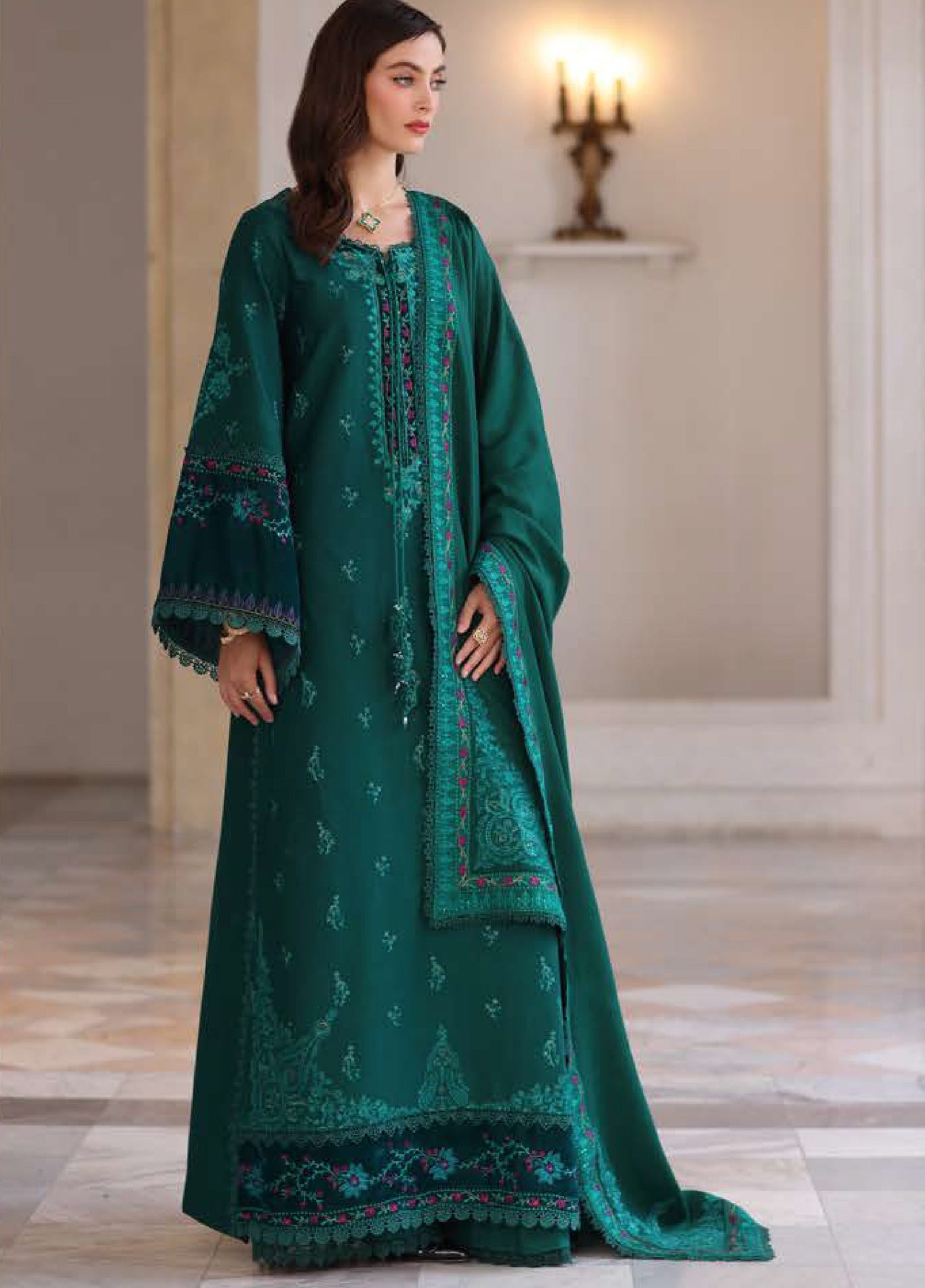 Noor by Saadia Asad Unstitched Khaddar Pashmina Shawl Embroidered Suits 3 Piece NSA25PW D2-Emerald Reverie - Casual Collection