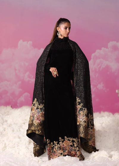 Mount Olypus by Musferah Saad Pret Embroidered Velvet Kaftaan Noir Blossom - Pret Collection