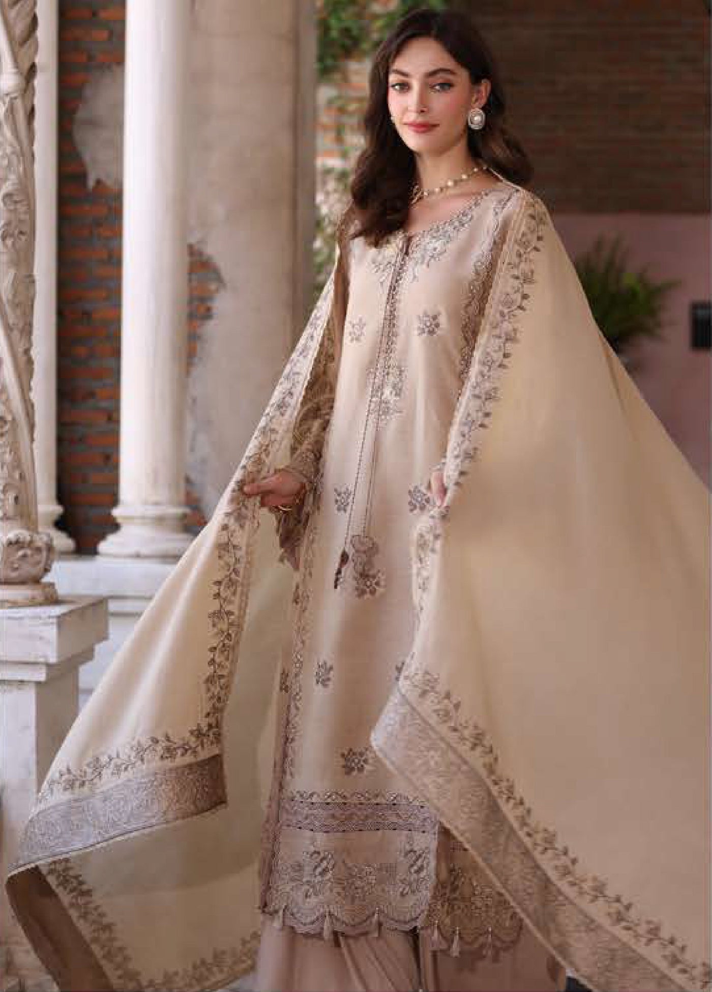 Noor by Saadia Asad Unstitched Linen Pashmina Shawl Embroidered Suits 3 Piece NSA25PW D12-Caramel Mist - Casual Collection