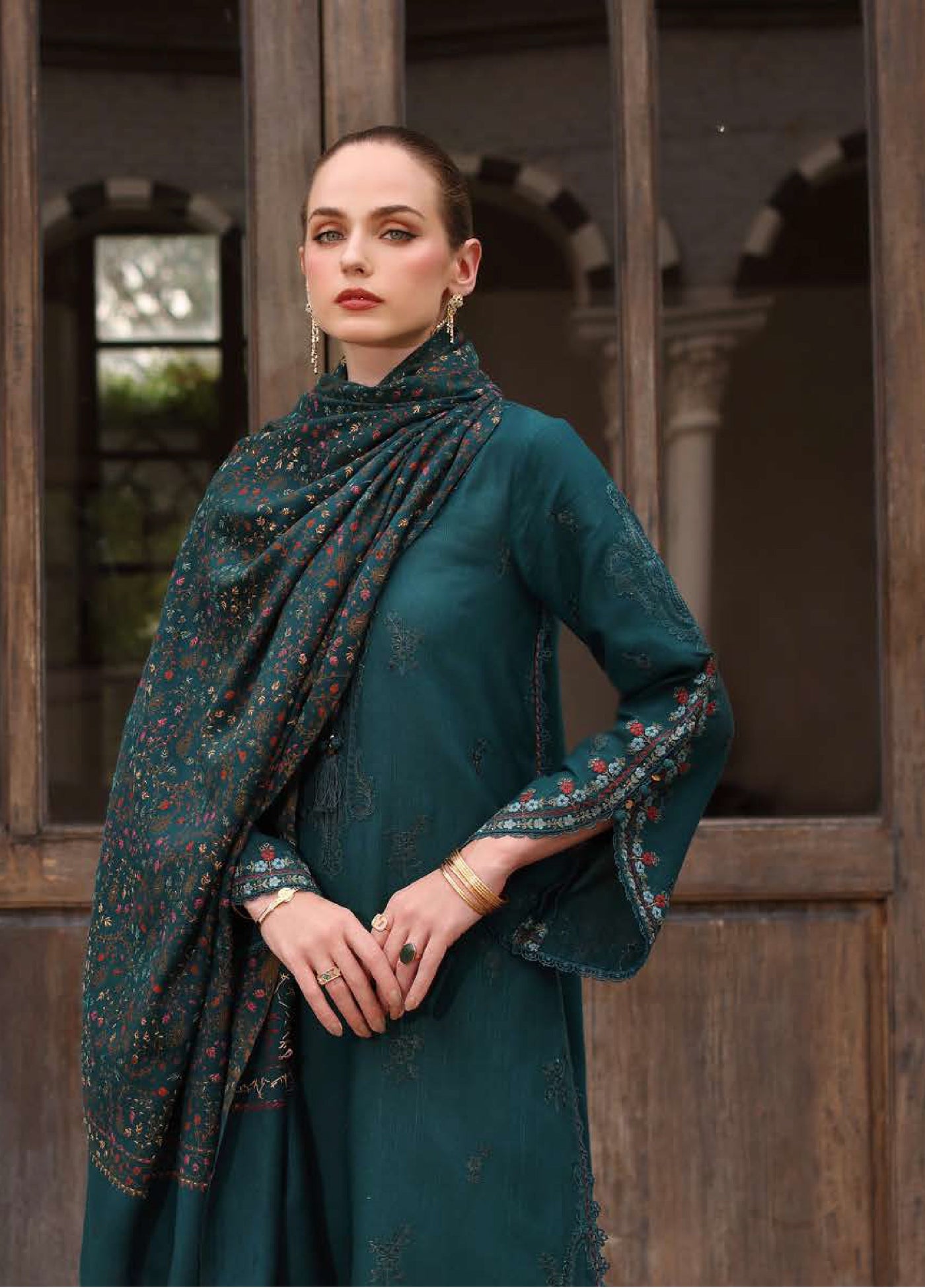 Noor by Saadia Asad Unstitched Khaddar Pashmina Shawl Embroidered Suits 3 Piece NSA25PW D11-Teal Empress - Casual Collection