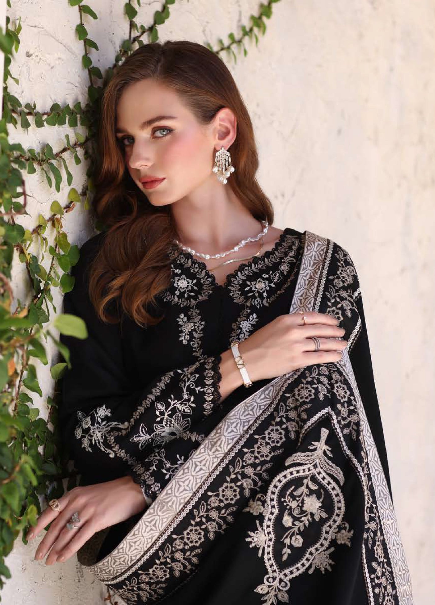 Noor by Saadia Asad Unstitched Linen Pashmina Shawl Embroidered Suits 3 Piece NSA25PW D7-Obsidian - Casual Collection