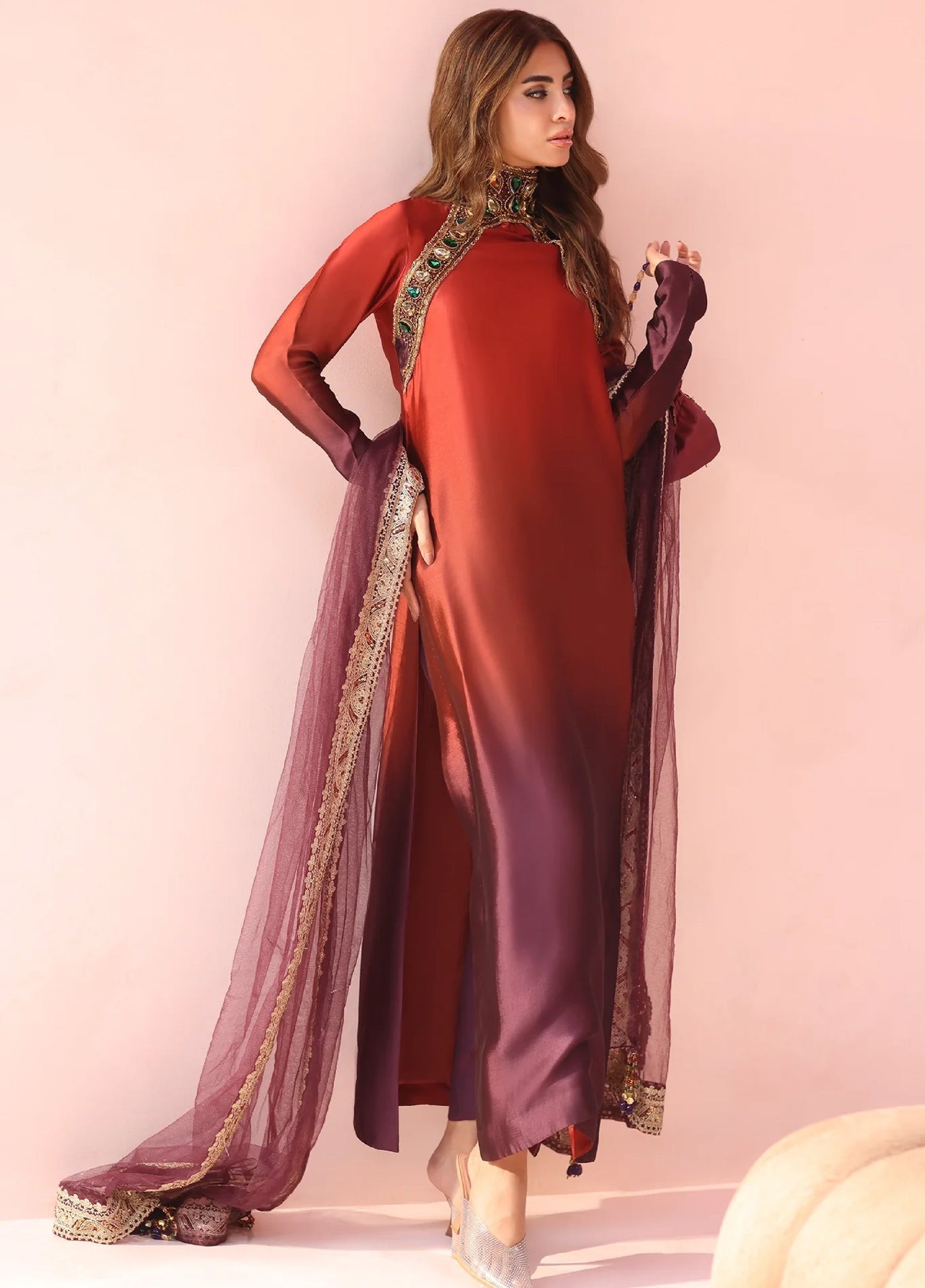 Eterna by Musferah Saad Pret Embroidered Tissue Silk 3 Piece Sunset Ombre - Festive Collection