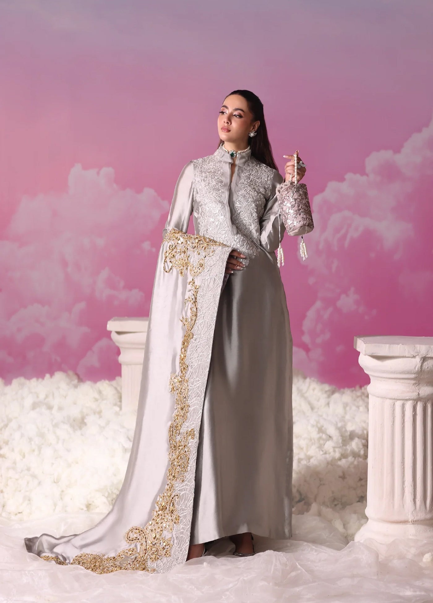 Mount Olypus by Musferah Saad Pret Embroidered Tissue Silk 2 Piece Lunar Mist - Pret Collection