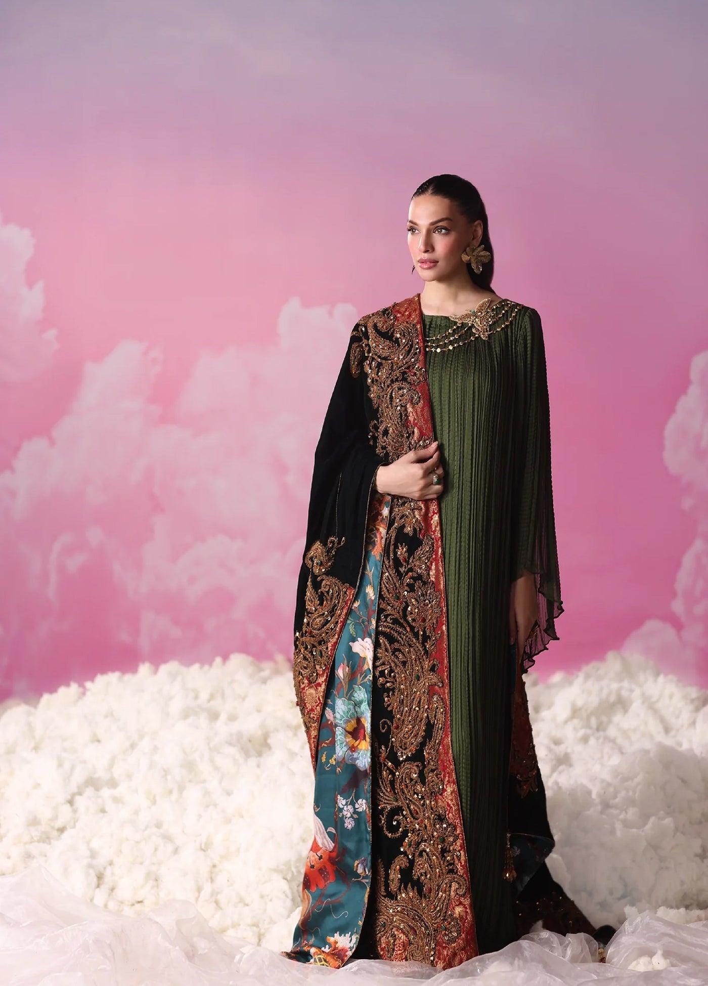 Mount Olypus by Musferah Saad Pret Embroidered Chiffon Kaftaan Emerald Eclat - Pret Collection