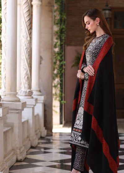 Noor by Saadia Asad Unstitched Khaddar Pashmina Shawl Embroidered Suits 3 Piece NSA25PW D1-Noir Safari - Casual Collection