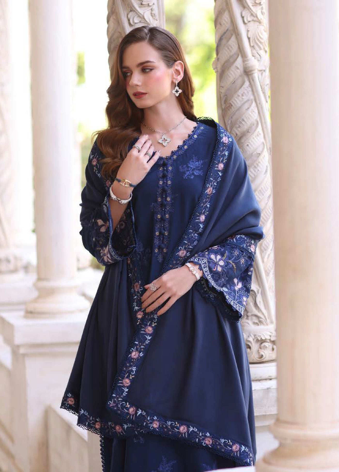 Noor by Saadia Asad Unstitched Linen Pashmina Shawl Embroidered Suits 3 Piece NSA25PW D4-Sapphire - Casual Collection