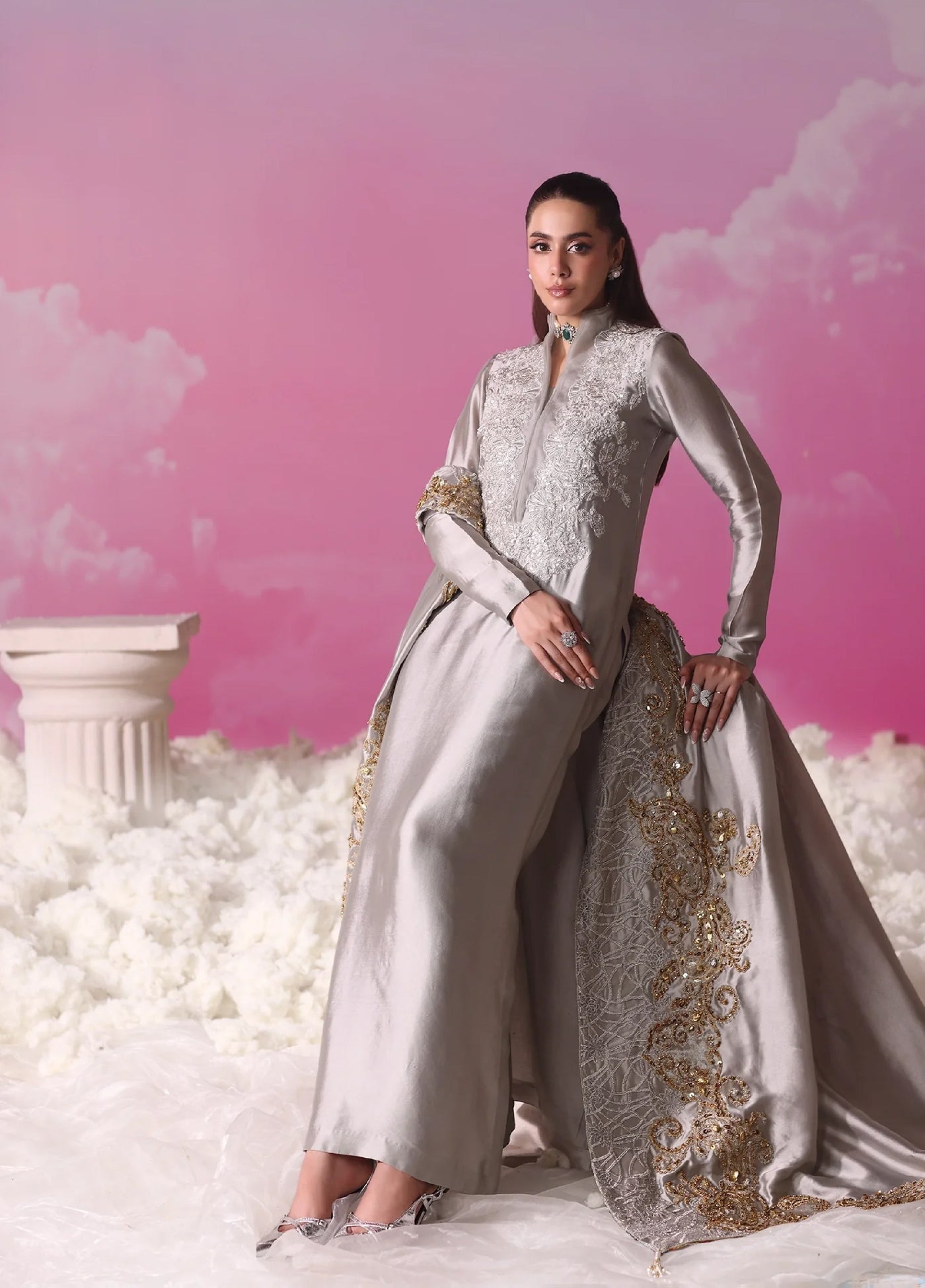 Mount Olypus by Musferah Saad Pret Embroidered Tissue Silk 2 Piece Lunar Mist - Pret Collection