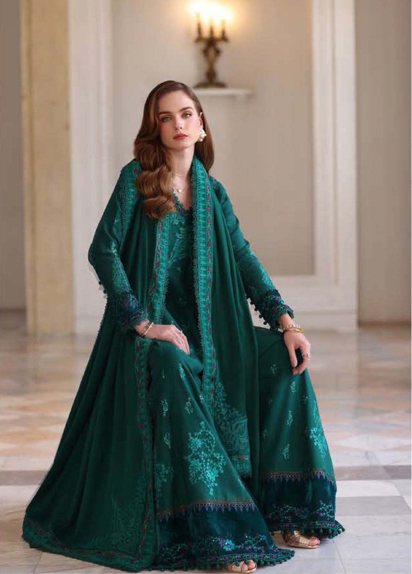 Noor by Saadia Asad Unstitched Khaddar Pashmina Shawl Embroidered Suits 3 Piece NSA25PW D2-Emerald Reverie - Casual Collection