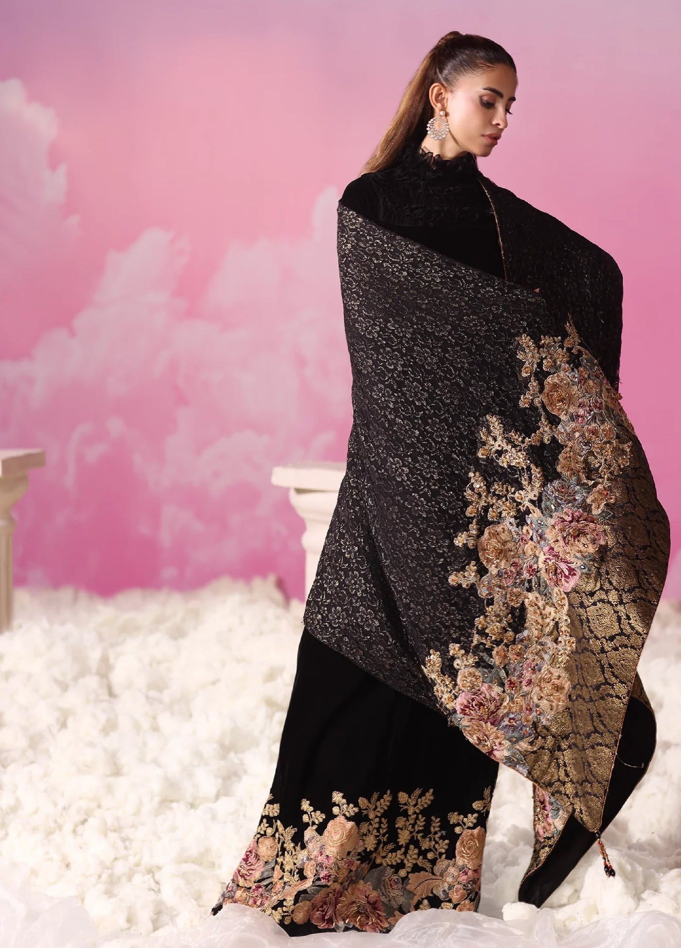Mount Olypus by Musferah Saad Pret Embroidered Velvet Kaftaan Noir Blossom - Pret Collection