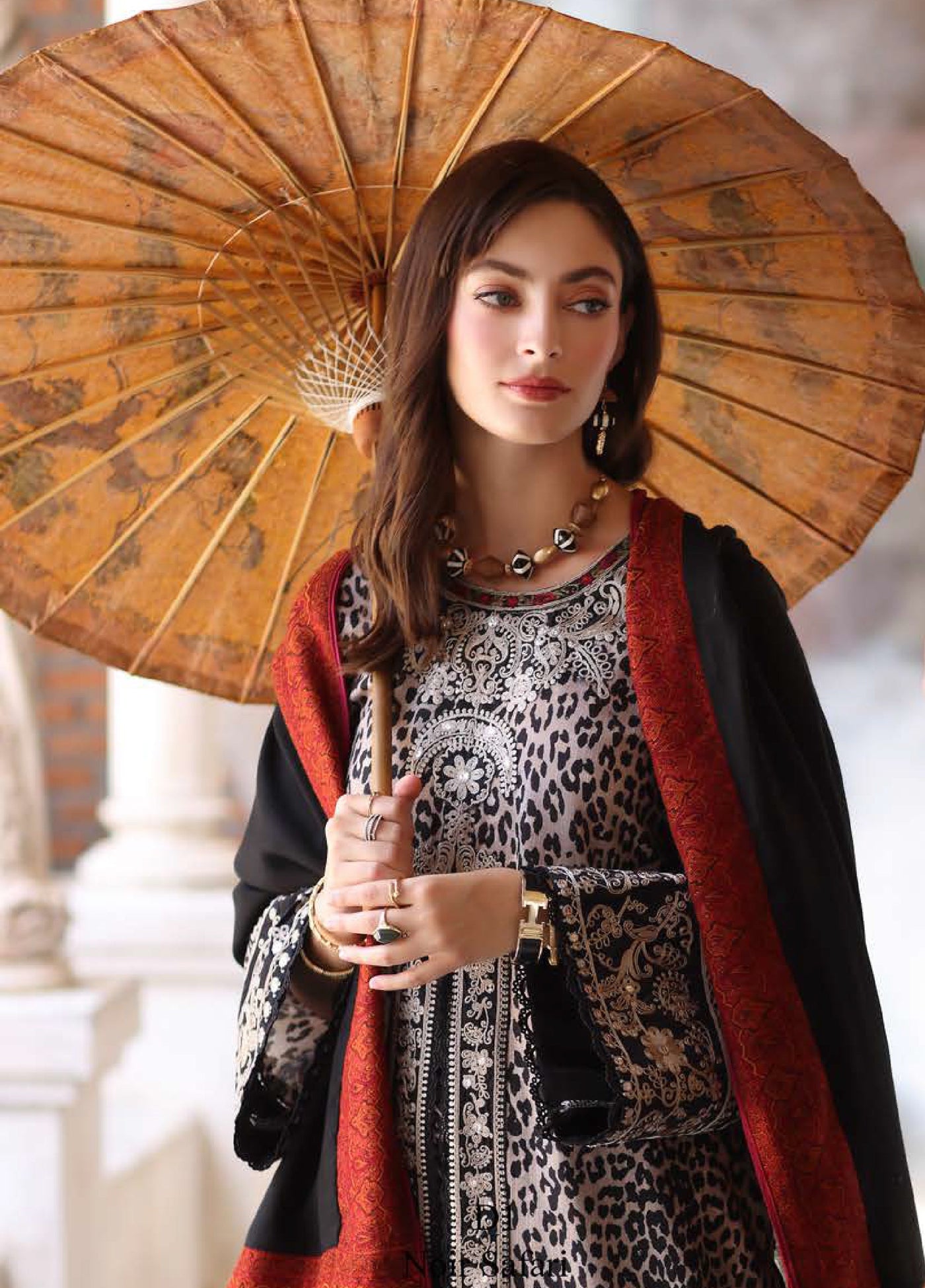 Noor by Saadia Asad Unstitched Khaddar Pashmina Shawl Embroidered Suits 3 Piece NSA25PW D1-Noir Safari - Casual Collection
