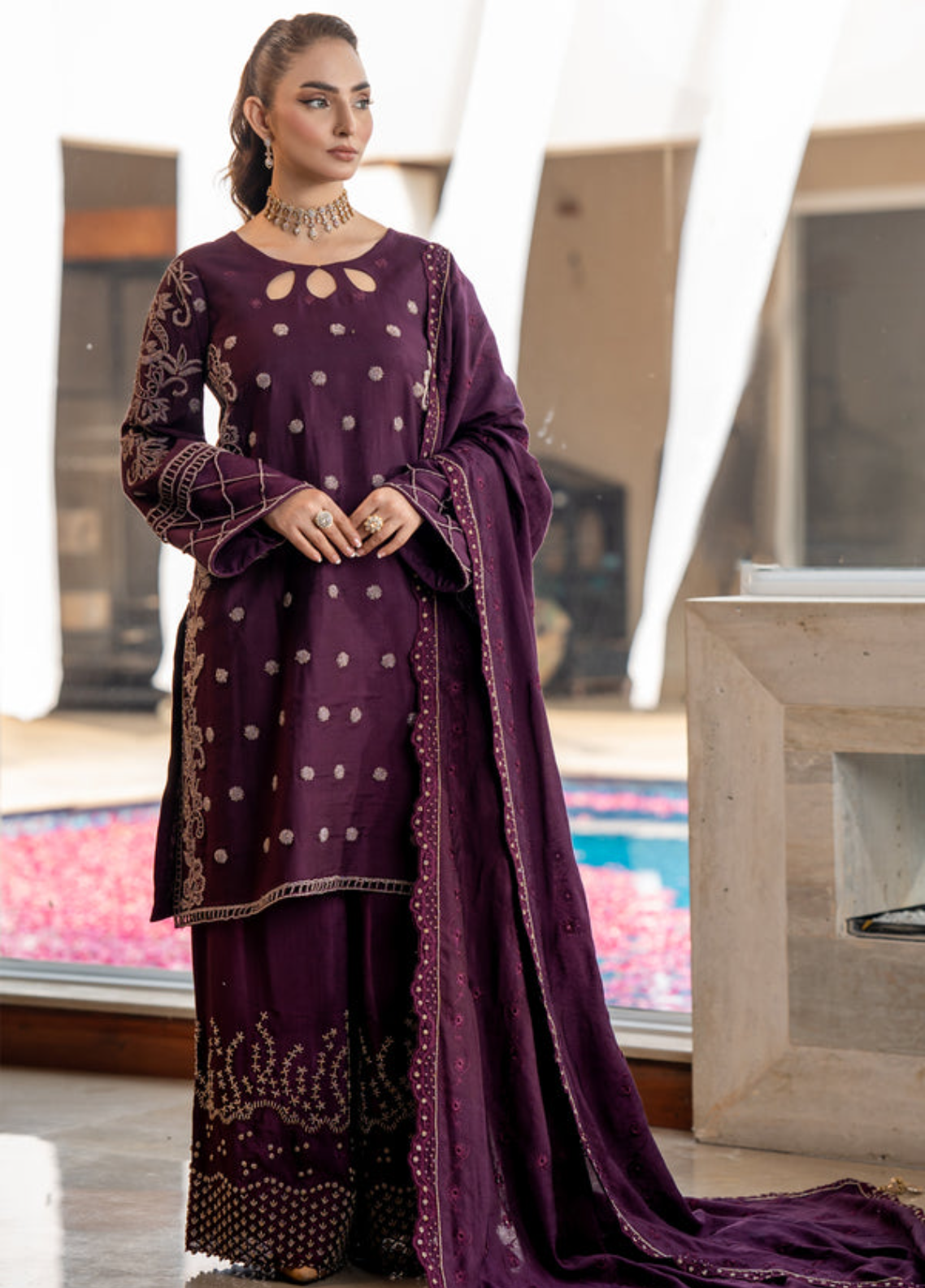 Zaib Un Nisa Pret Embroidered Raw Silk 3 Piece Suit Plum Dress