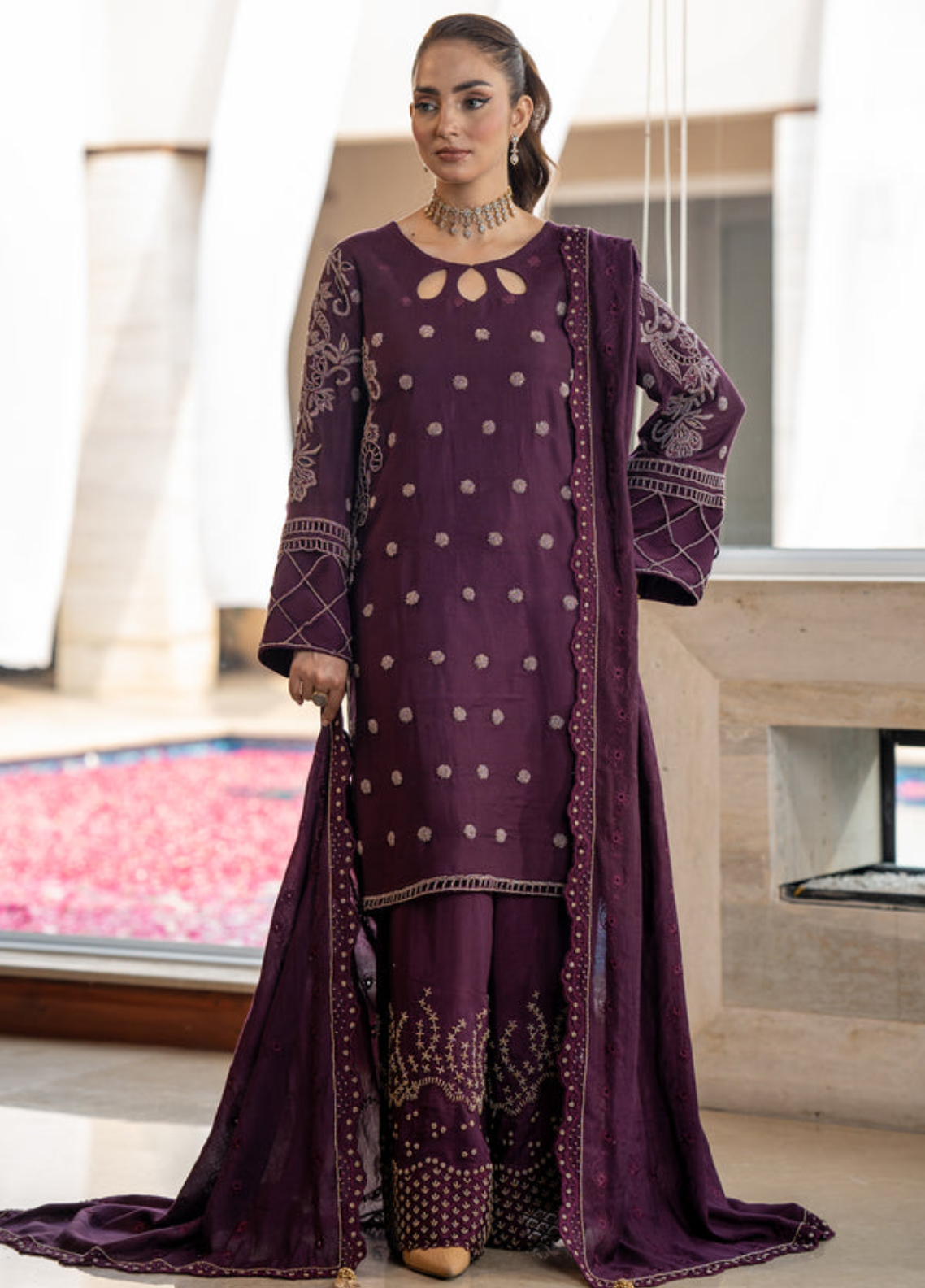 Zaib Un Nisa Pret Embroidered Raw Silk 3 Piece Suit Plum Dress