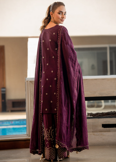 Zaib Un Nisa Pret Embroidered Raw Silk 3 Piece Suit Plum Dress