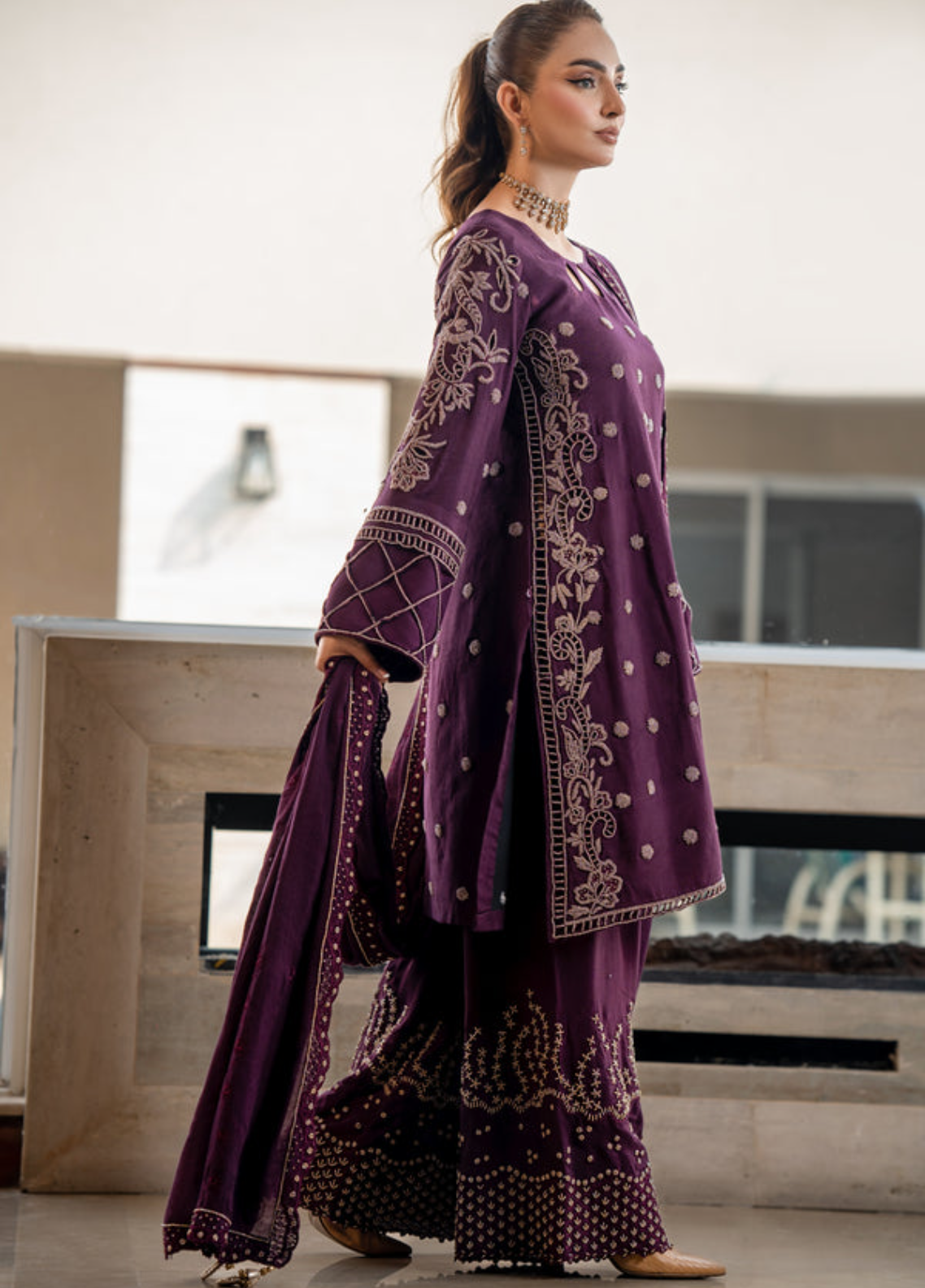 Zaib Un Nisa Pret Embroidered Raw Silk 3 Piece Suit Plum Dress