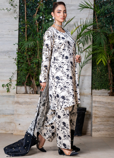 Zaib Un Nisa Pret Embroidered Silk 3 Piece Suit Black and White