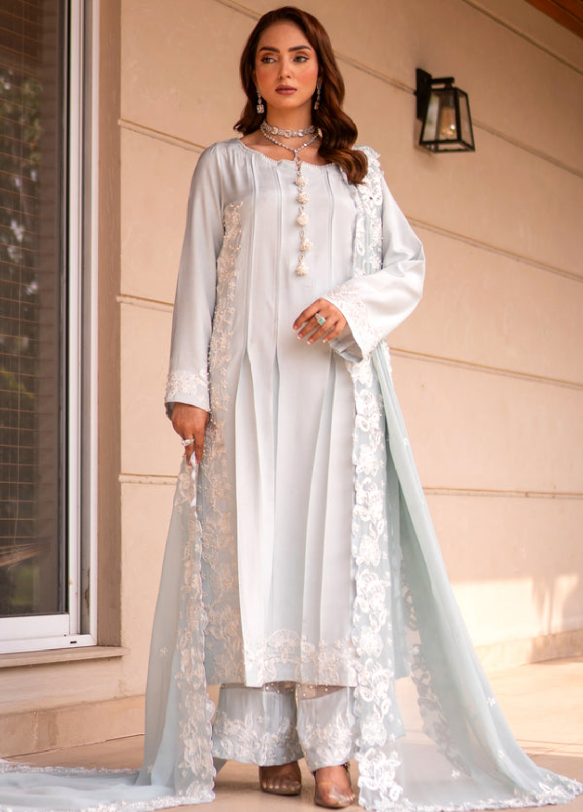 Zaib Un Nisa Pret Embroidered Silk 3 Piece Suit Blizzard Blue Attire