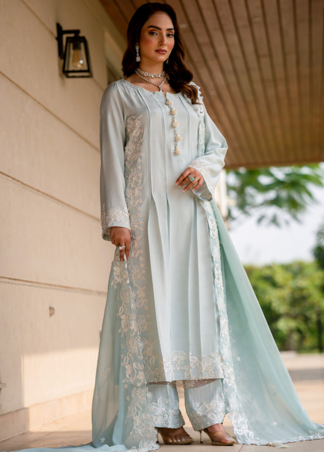 Zaib Un Nisa Pret Embroidered Silk 3 Piece Suit Blizzard Blue Attire