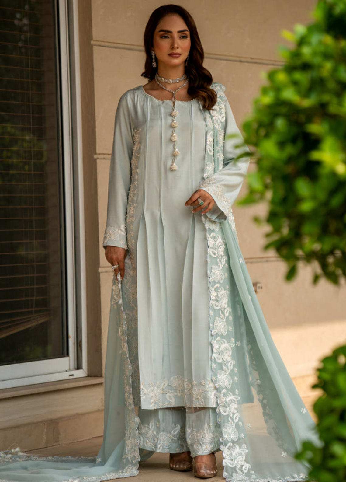 Zaib Un Nisa Pret Embroidered Silk 3 Piece Suit Blizzard Blue Attire