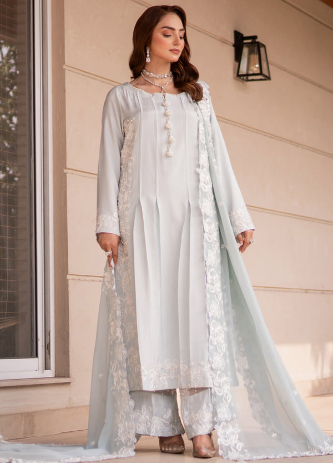 Zaib Un Nisa Pret Embroidered Silk 3 Piece Suit Blizzard Blue Attire