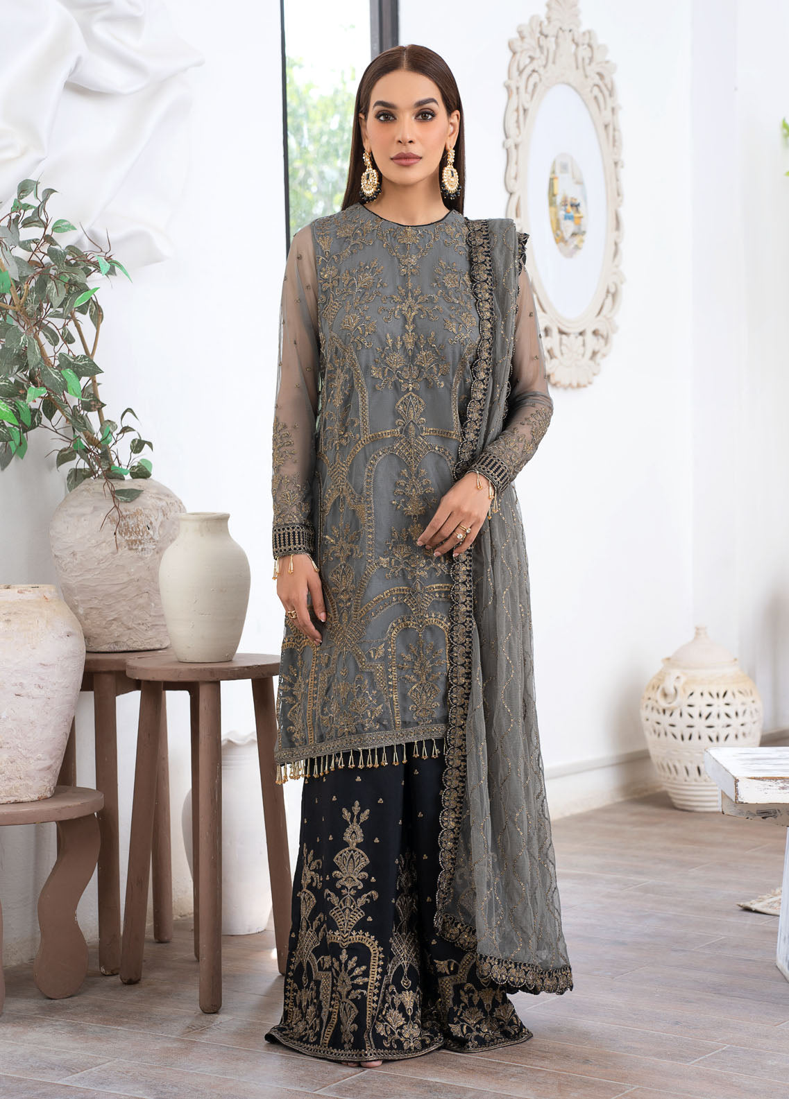 Zarif Pret Embroidered Net 3 Piece Suit Celeste