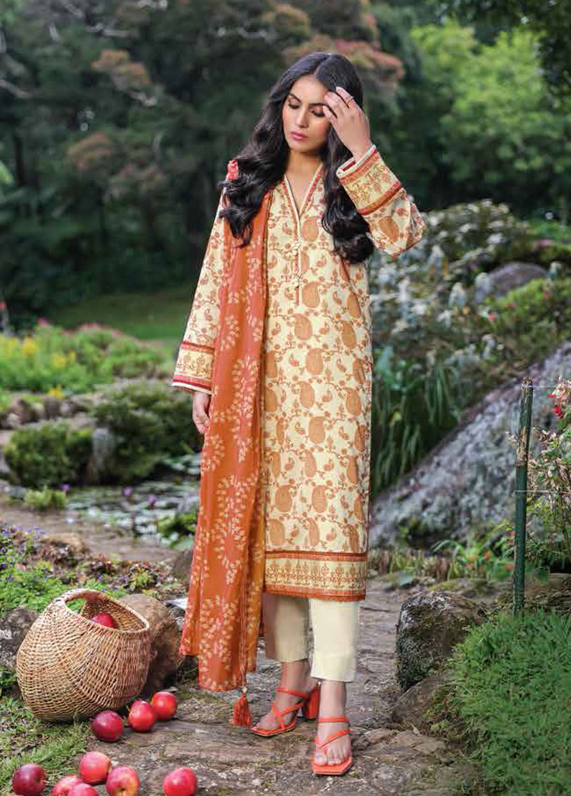 Al Karam Printed Lawn Suits Unstitched 3 Piece AK23SSL SSF-77-23-Rust - Summer Collection