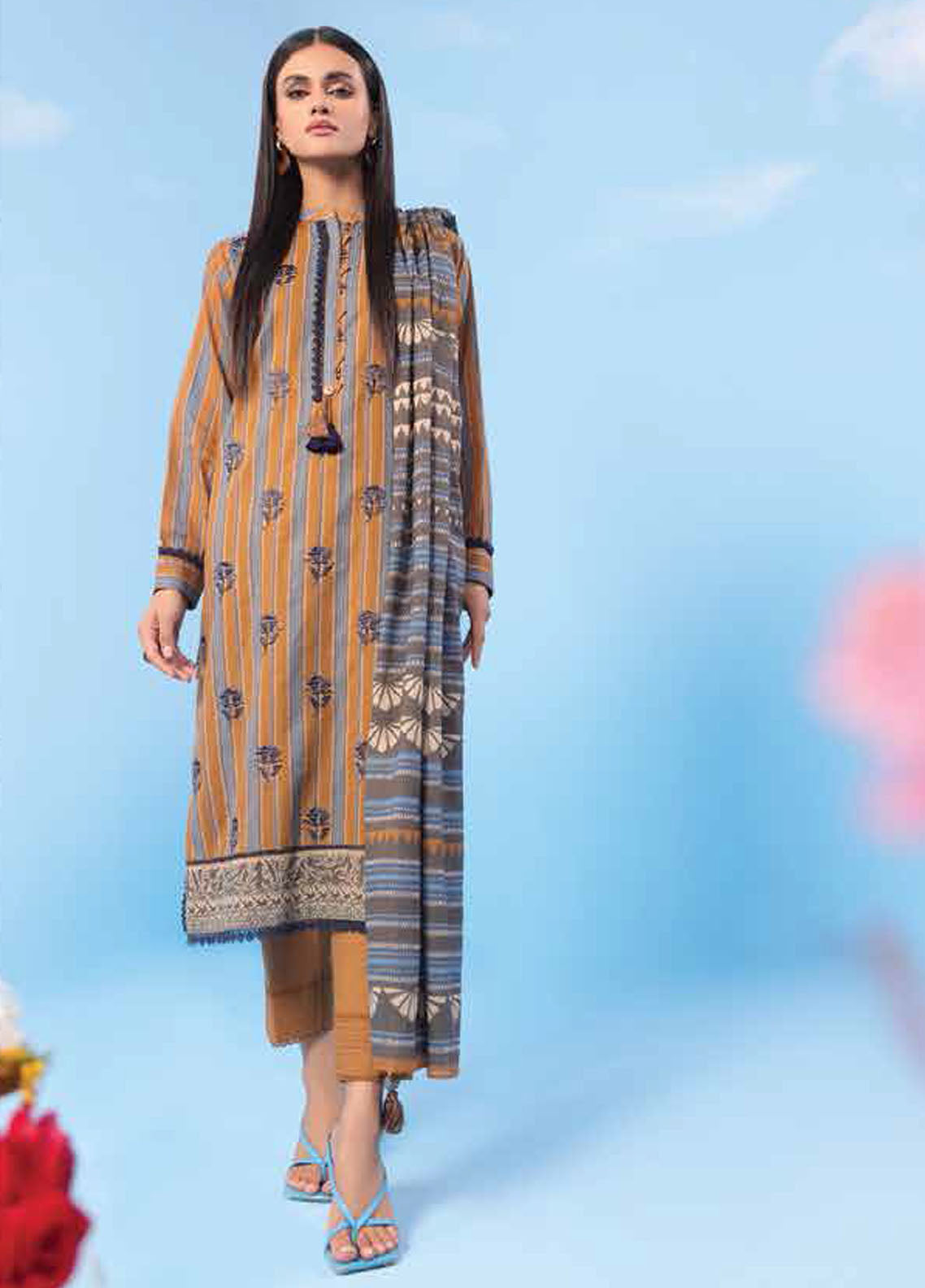 Al Karam EmbroideRed Lawn Suits Unstitched 3 Piece AK23SSL SS-33-23-Brown - Summer Collection