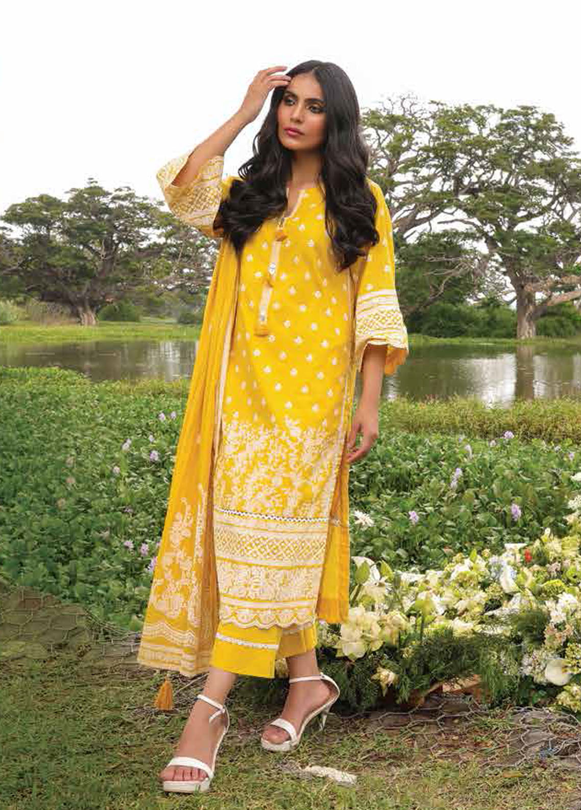 Al Karam Printed Lawn Suits Unstitched 3 Piece AK23SSL SS-42.1-23-Mustard - Summer Collection