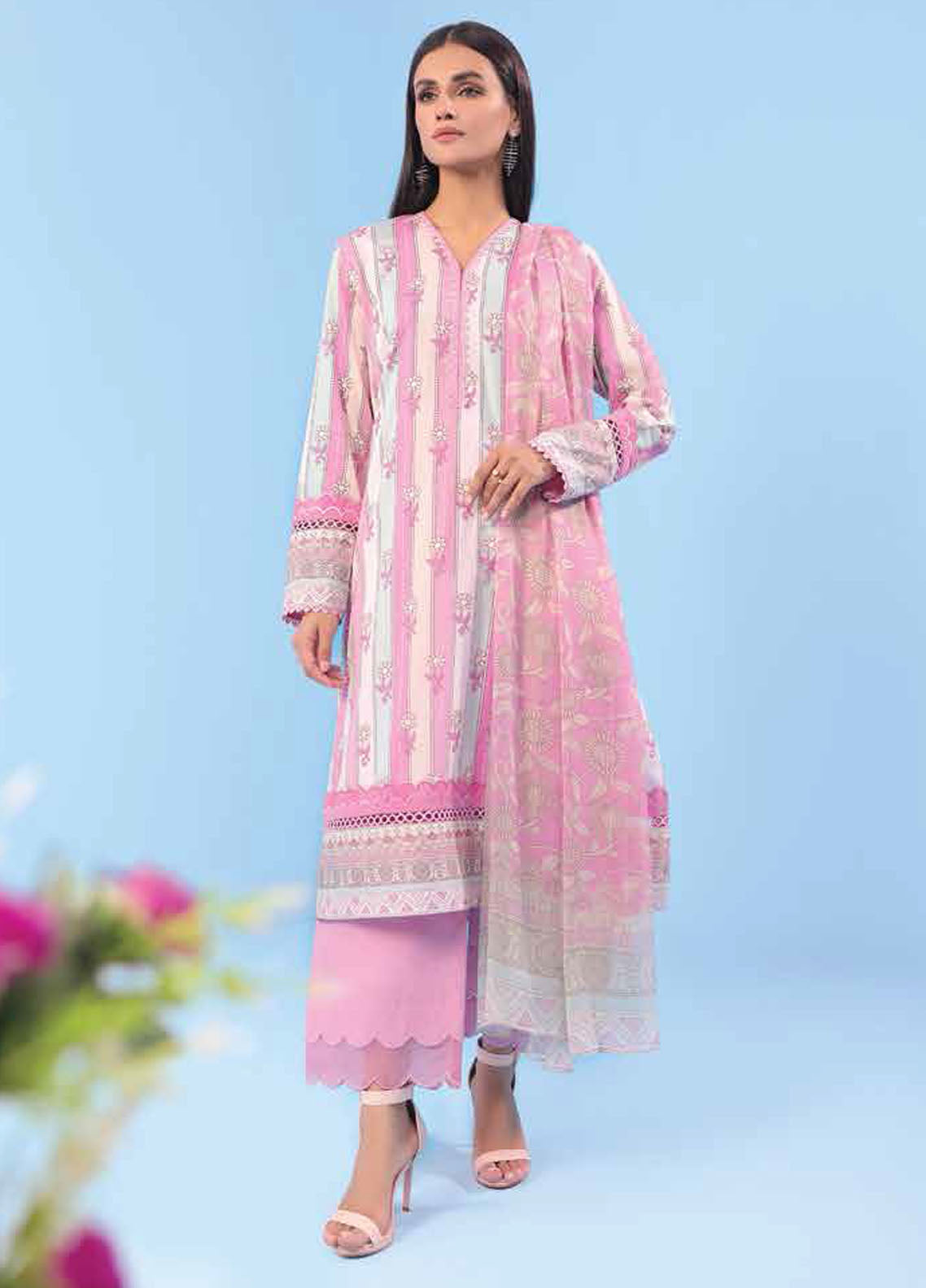 Al Karam Printed Lawn Suits Unstitched 3 Piece AK23SSL SS-34.1-23-Pink - Summer Collection