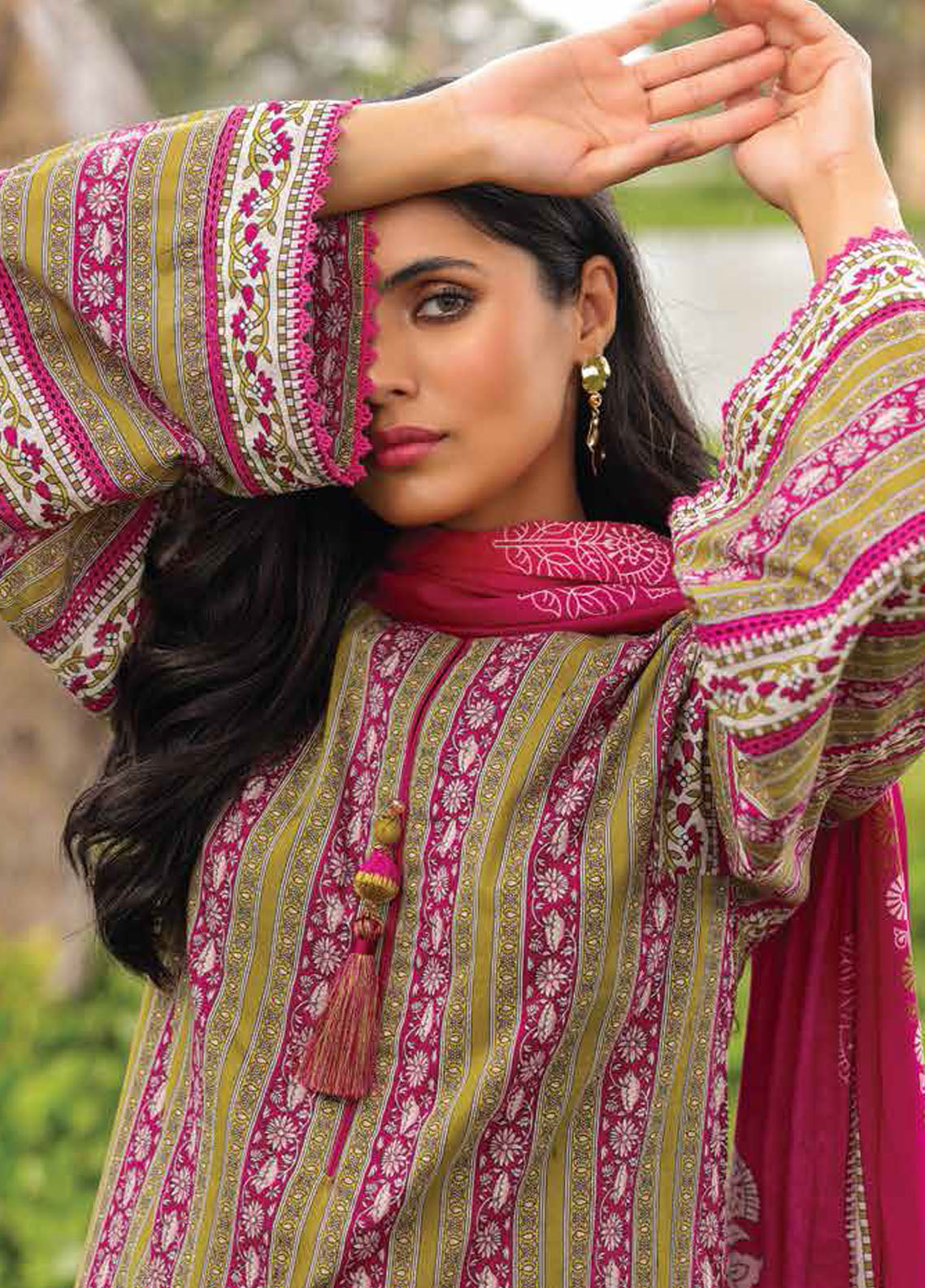 Al Karam Printed Lawn Suits Unstitched 3 Piece AK23SSL SS-5.1-2-23-Olive Green - Summer Collection