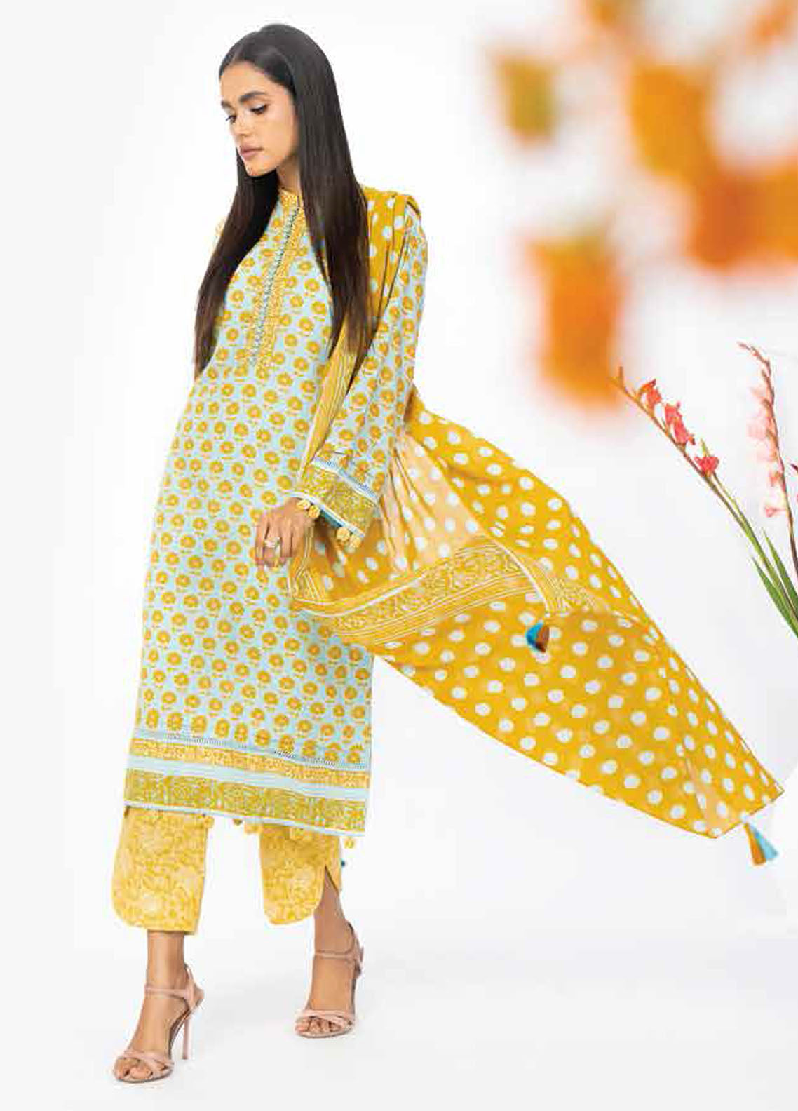 Al Karam Printed Lawn Suits Unstitched 3 Piece AK23SSL SS-4.1-23-Mustard - Summer Collection