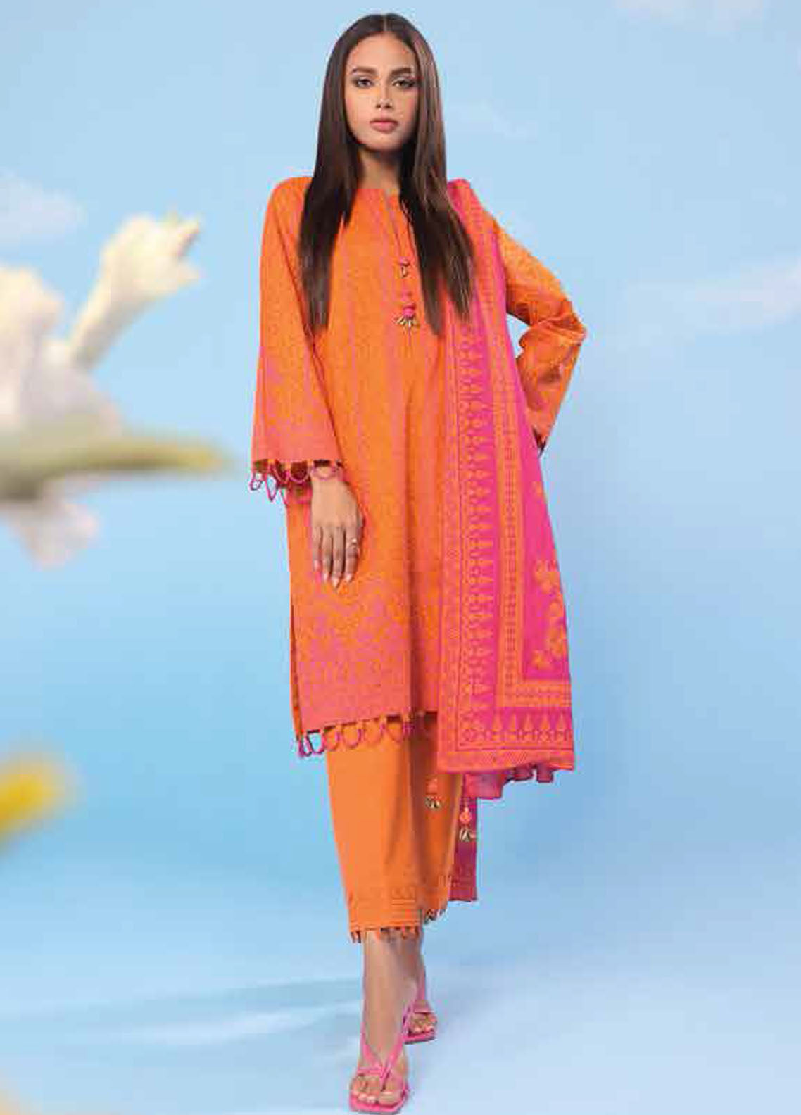 Al Karam Printed Lawn Suits Unstitched 3 Piece AK23SSL SS-30.1-23-Orange - Summer Collection