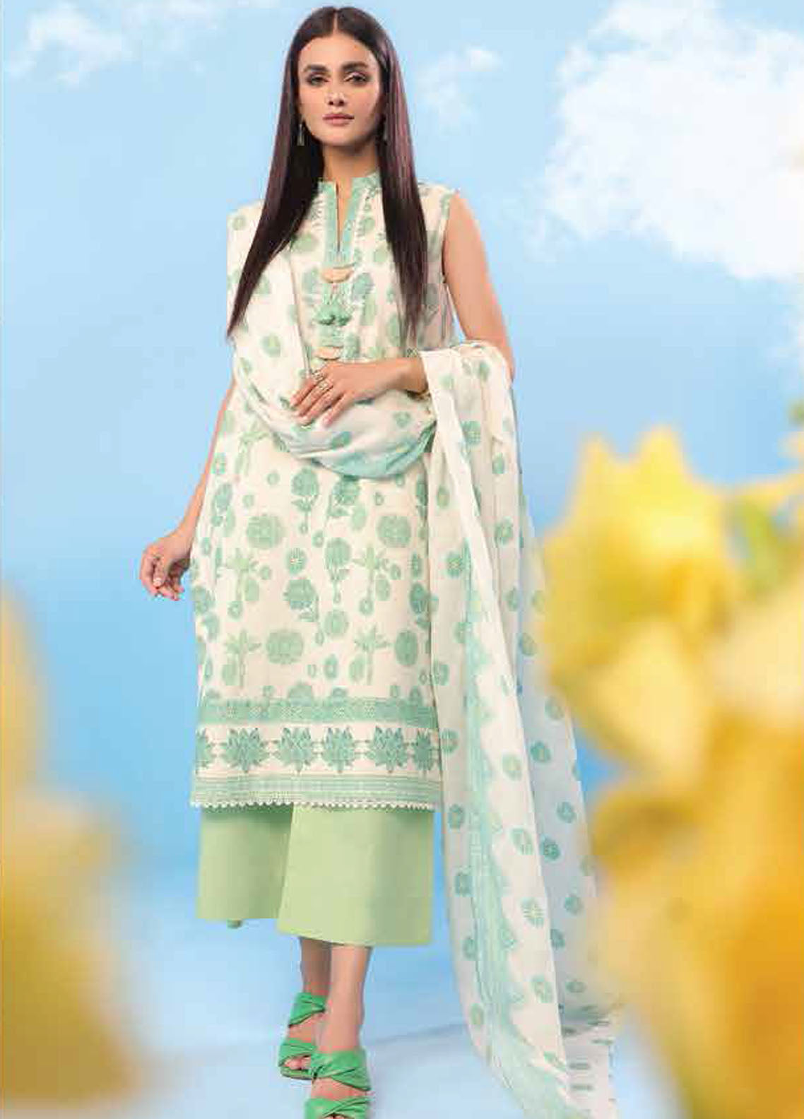 Al Karam Printed Lawn Suits Unstitched 3 Piece AK23SSL SS-35-23-Cream - Summer Collection