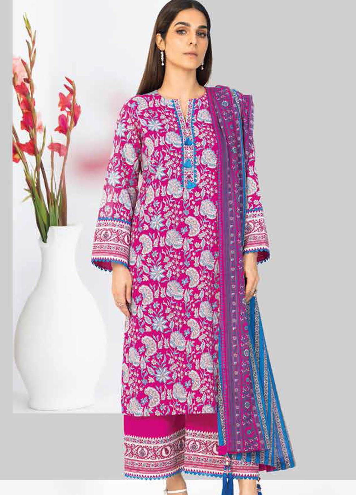 Al Karam Printed Lawn Suits Unstitched 2 Piece AK23SSL SS-58.1-23-Pink - Summer Collection