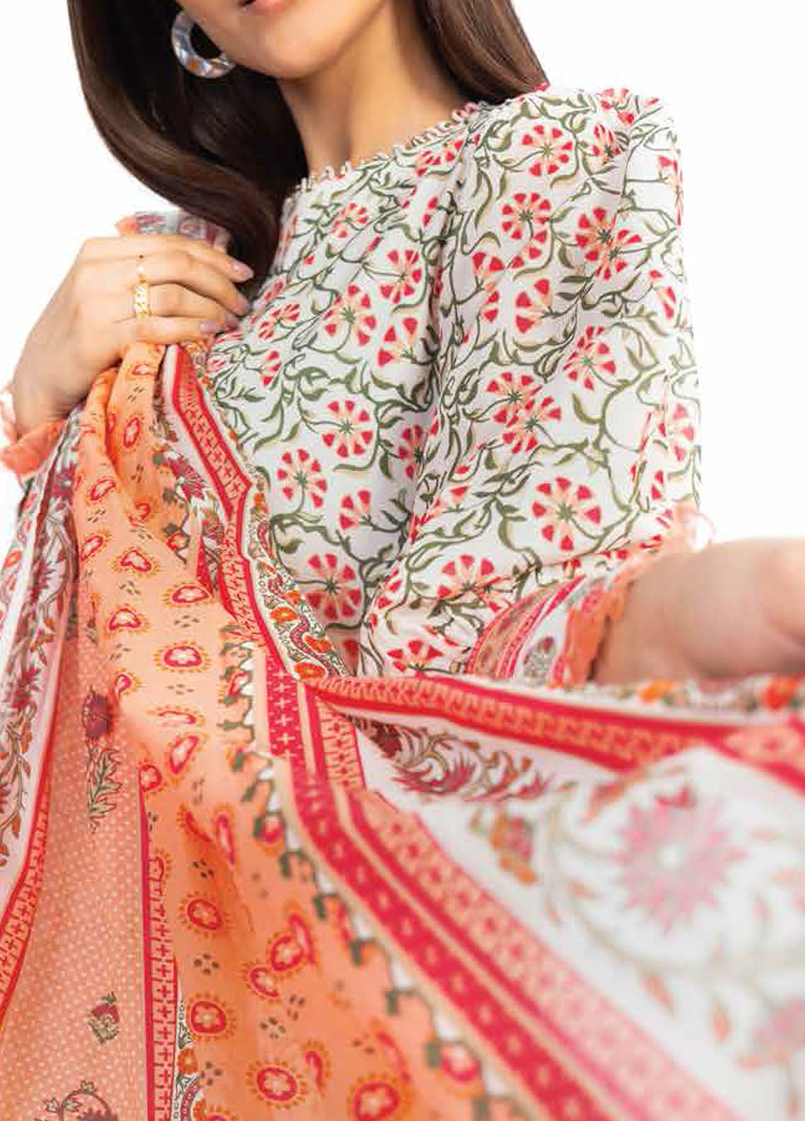 Al Karam Printed Lawn Suits Unstitched 3 Piece AK23SSL SS-11.1-23-Off White - Summer Collection