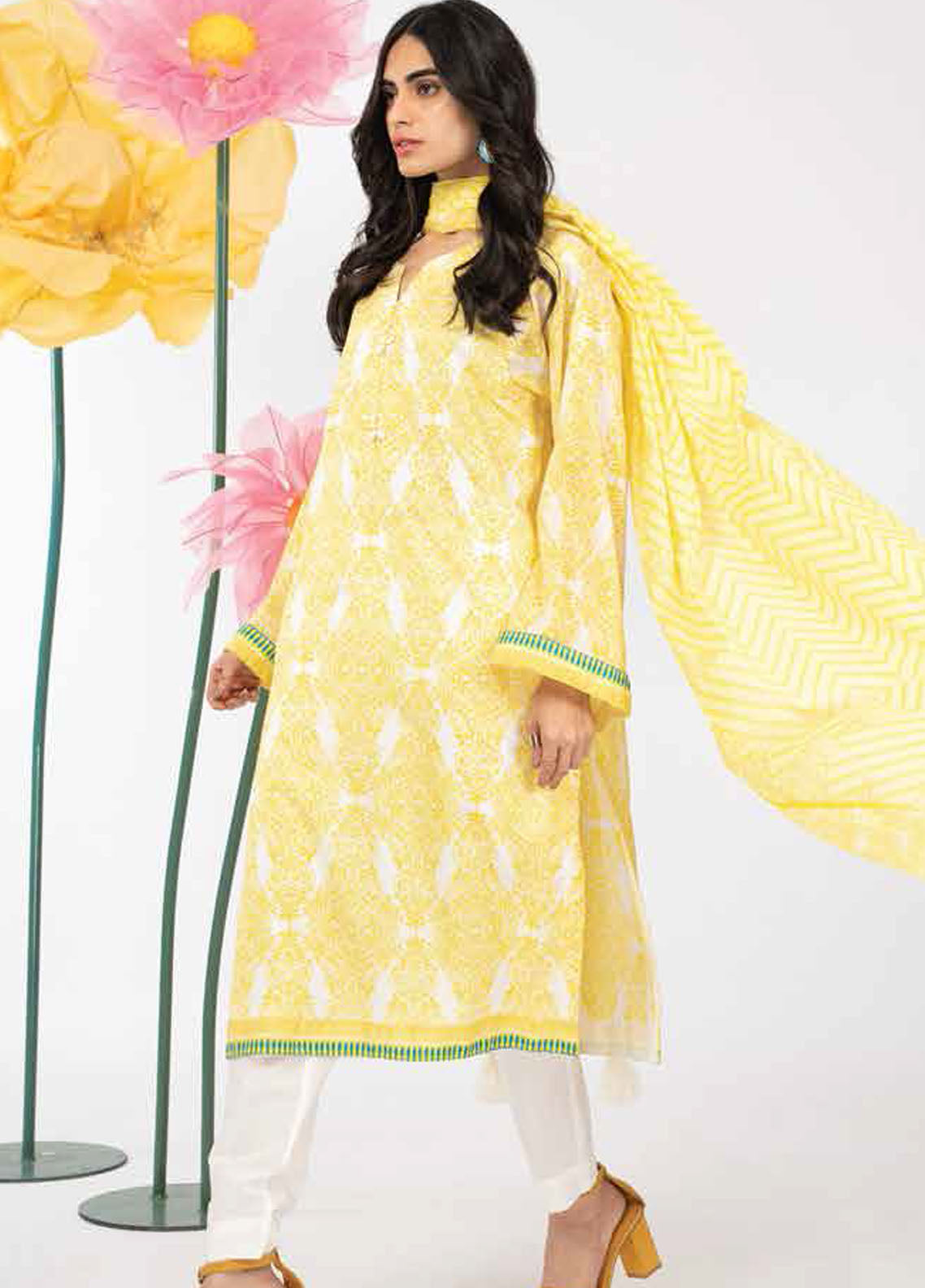 Al Karam Printed Lawn Suits Unstitched 3 Piece AK23SSL SSF-13-23-Yellow - Summer Collection