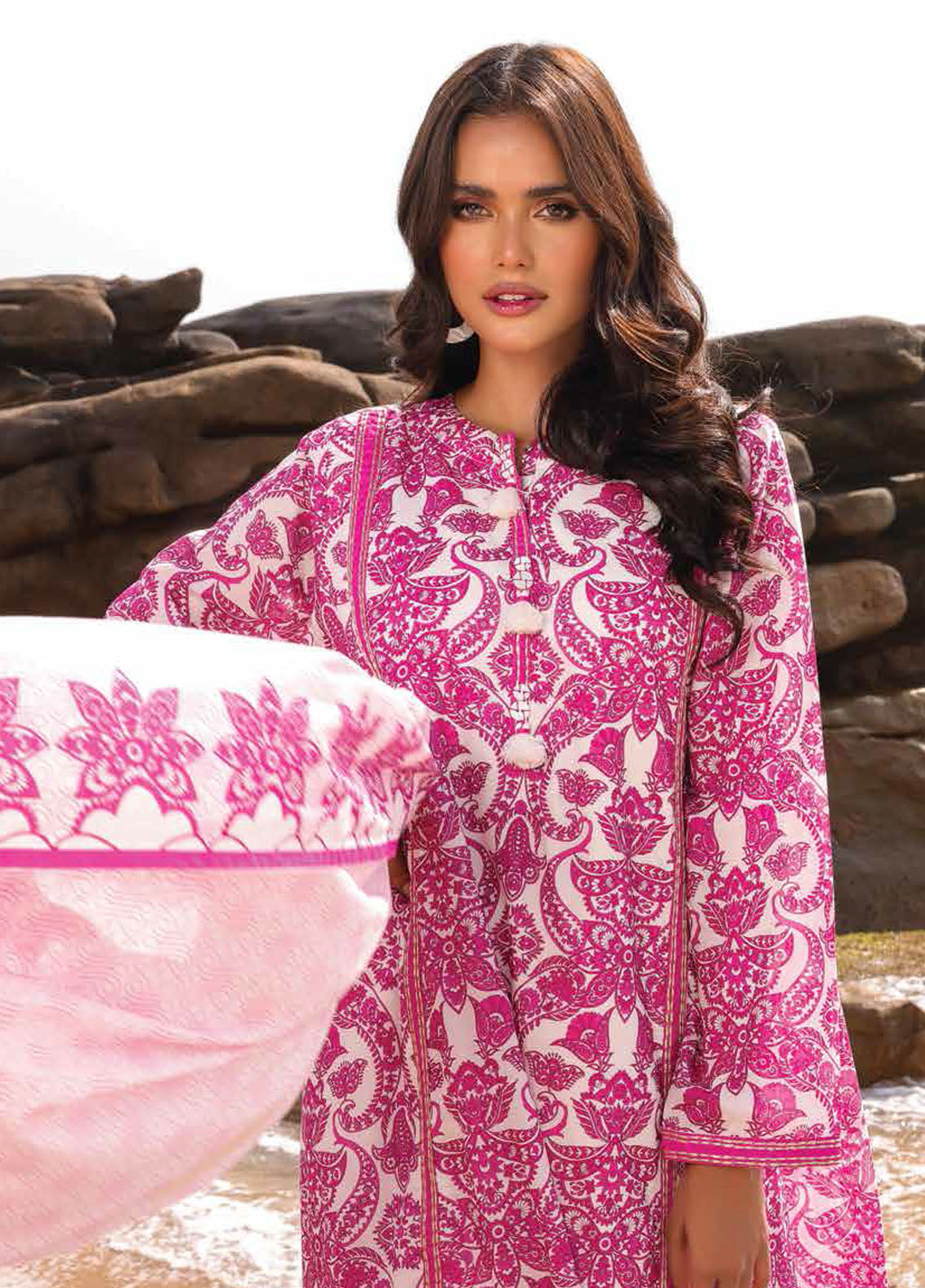 Al Karam Printed Lawn Suits Unstitched 3 Piece AK23SSL SSF-10-23-Pink - Summer Collection