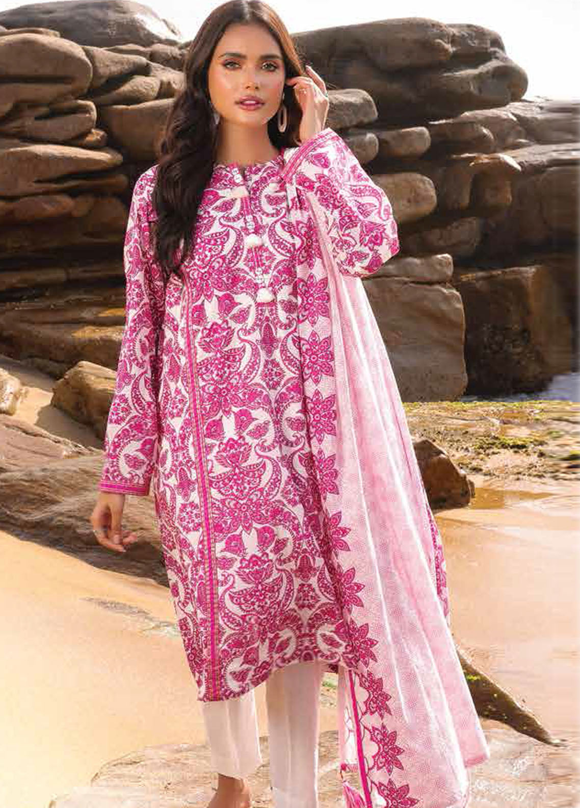 Al Karam Printed Lawn Suits Unstitched 3 Piece AK23SSL SSF-10-23-Pink - Summer Collection