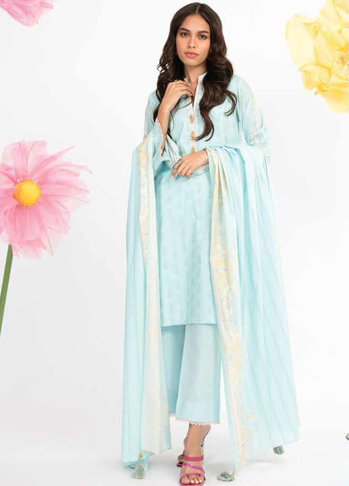 Al Karam Printed Lawn Suits Unstitched 3 Piece AK23SSL SSF-20-23-Ice Blue - Summer Collection