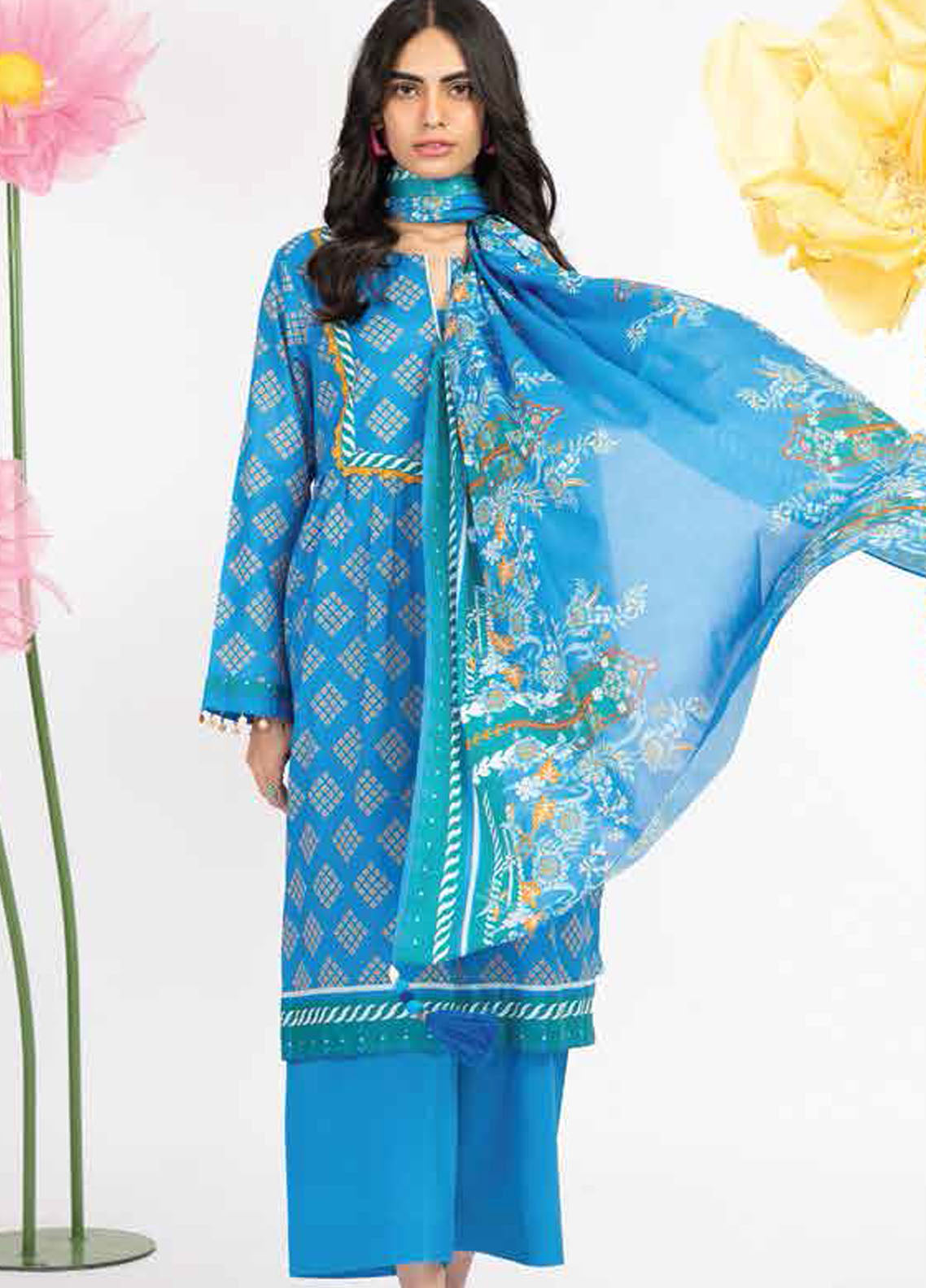 Al Karam Printed Lawn Suits Unstitched 3 Piece AK23SSL SSF-9-23-Blue - Summer Collection