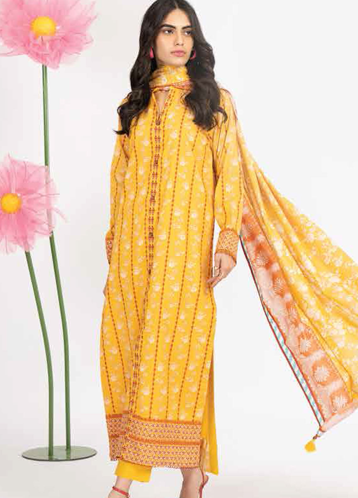 Al Karam Printed Lawn Suits Unstitched 3 Piece AK23SSL SSF-26.1-23-Yellow - Summer Collection